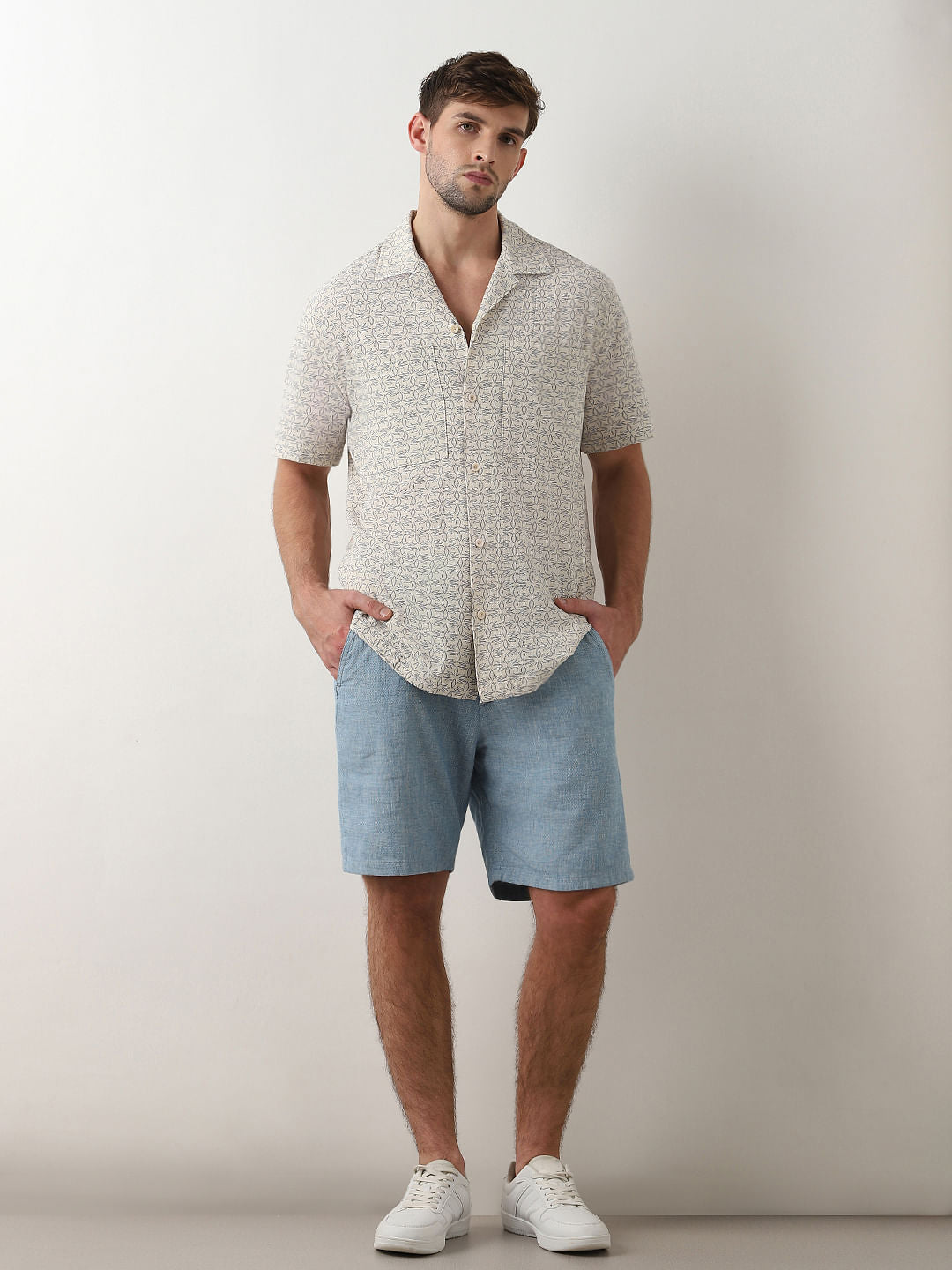 Beige Printed Cuban Collar Short Sleeves Shirt