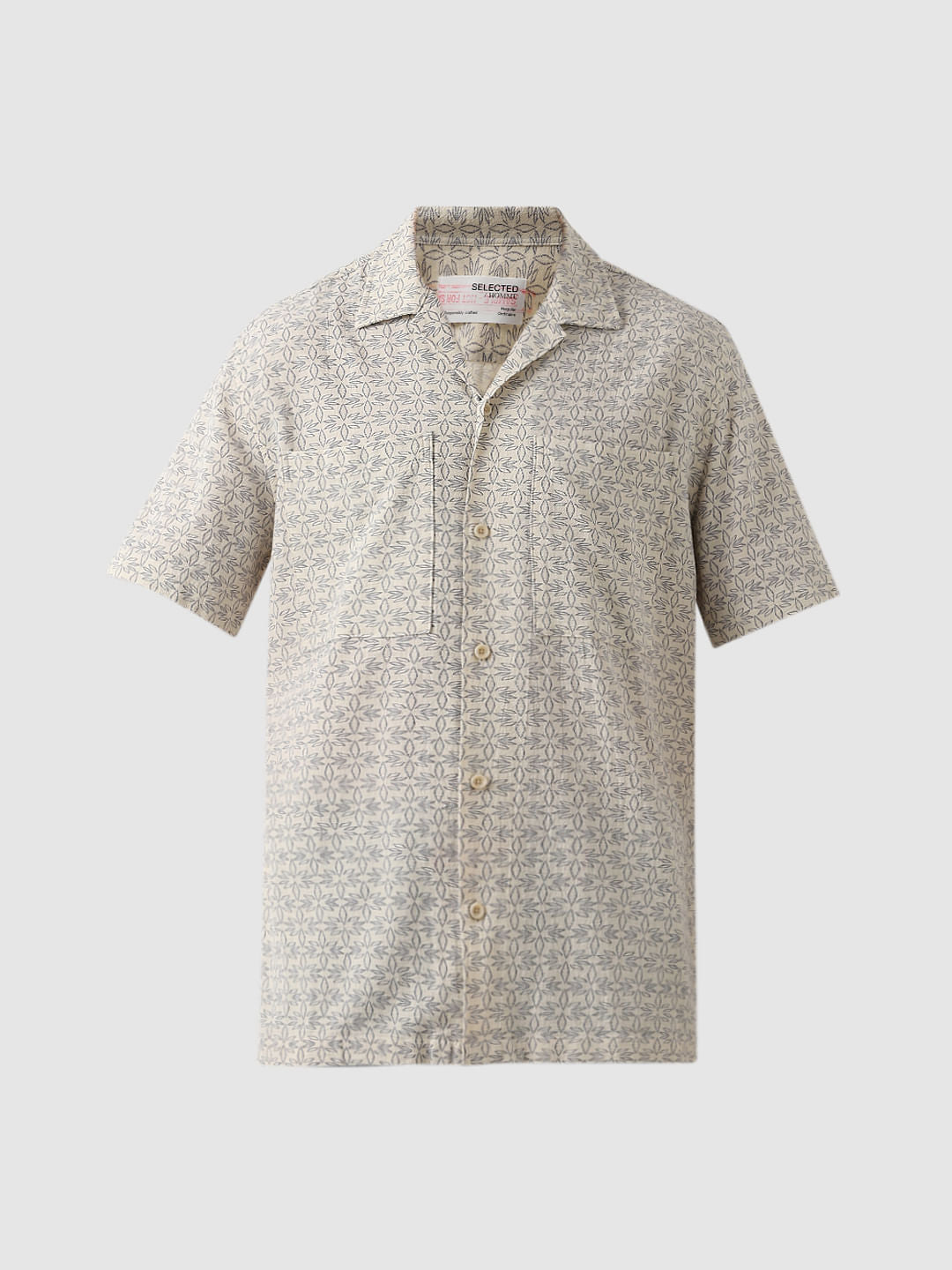Beige Printed Cuban Collar Short Sleeves Shirt