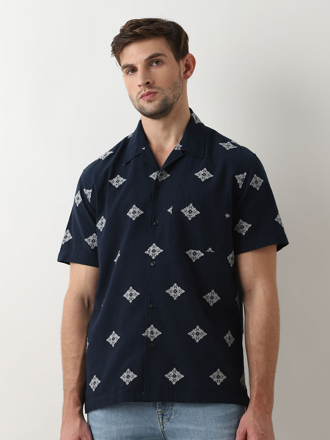 Dark Blue Printed Cuban Collar Shirt