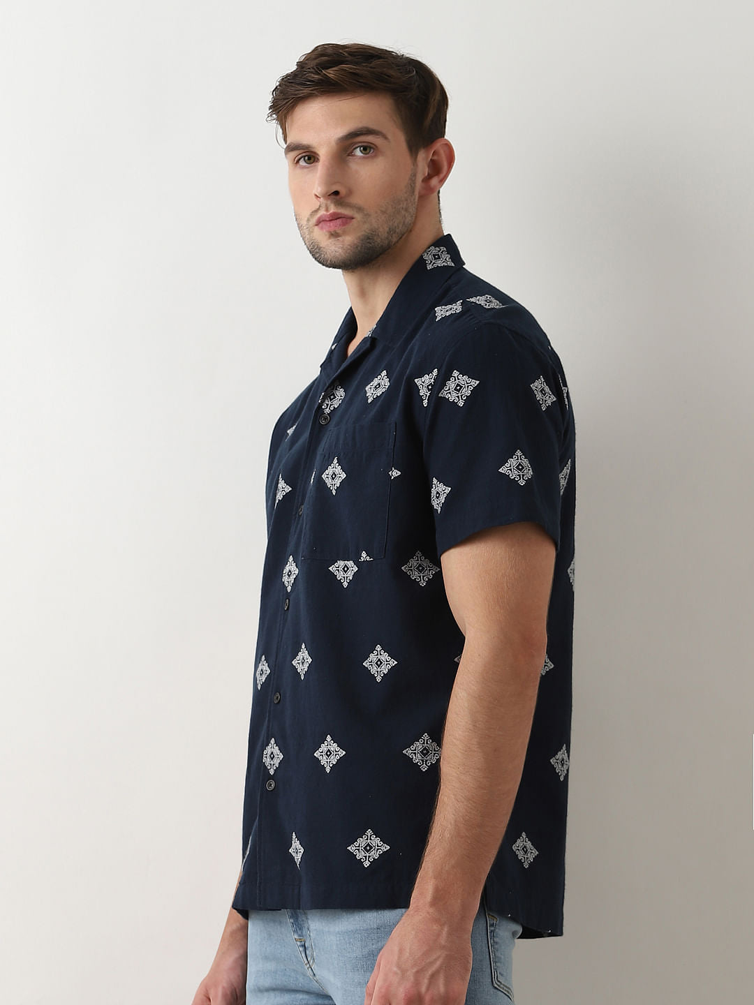 Dark Blue Printed Cuban Collar Shirt