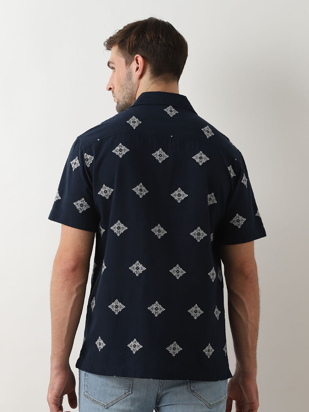 Dark Blue Printed Cuban Collar Shirt