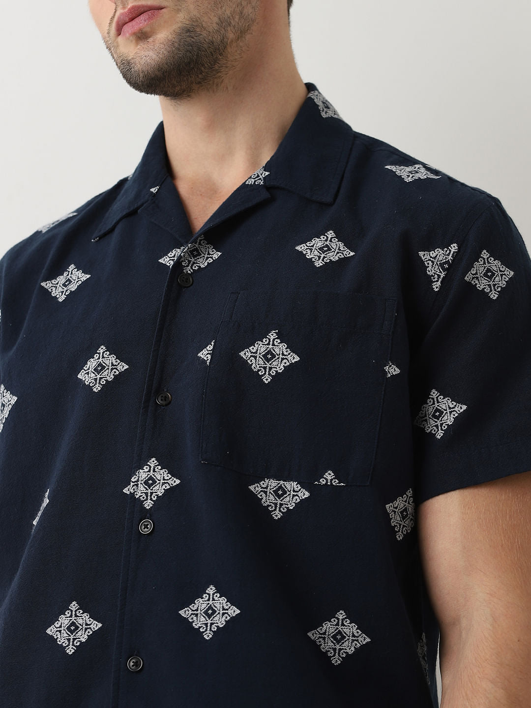 Dark Blue Printed Cuban Collar Shirt