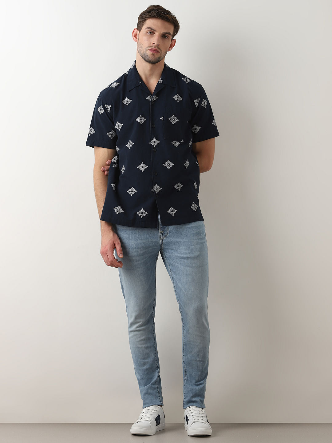 Dark Blue Printed Cuban Collar Shirt