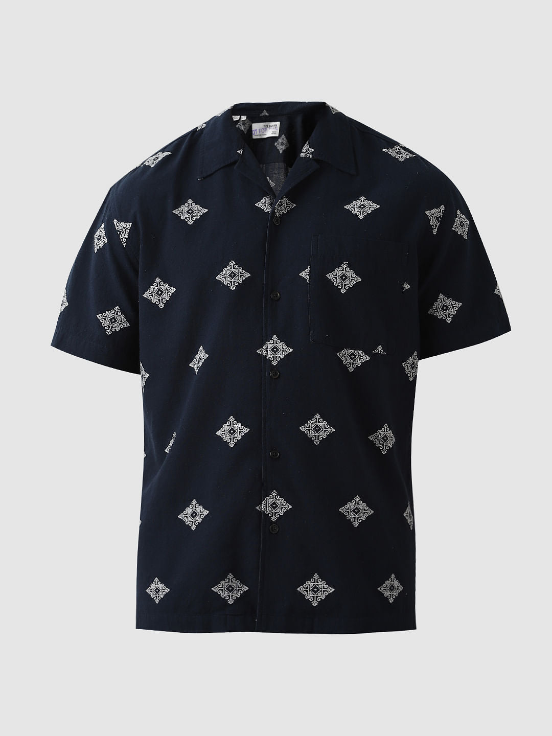 Dark Blue Printed Cuban Collar Shirt