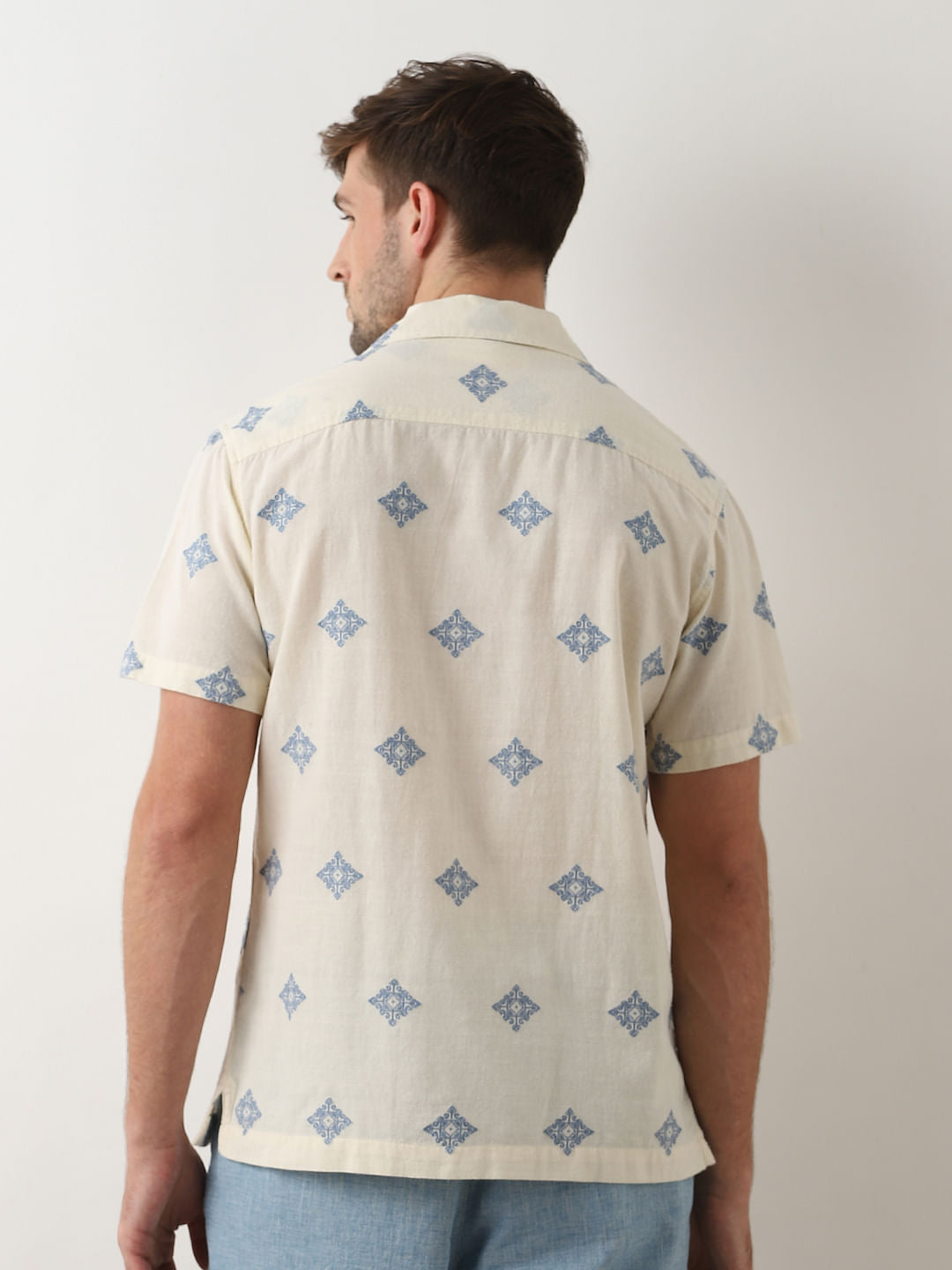 Beige Printed Cuban Collar Short Sleeves Shirt