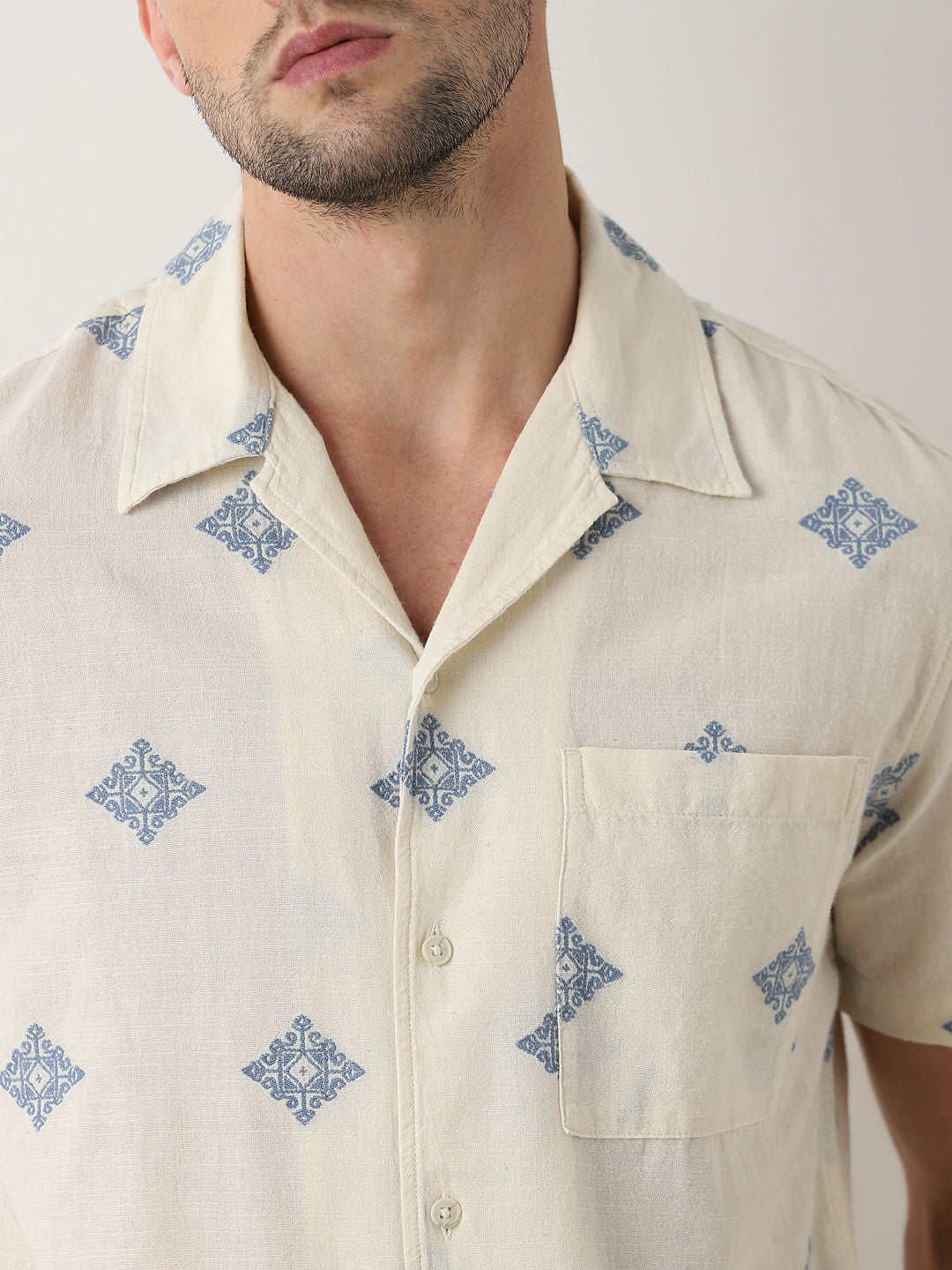 Beige Printed Cuban Collar Short Sleeves Shirt