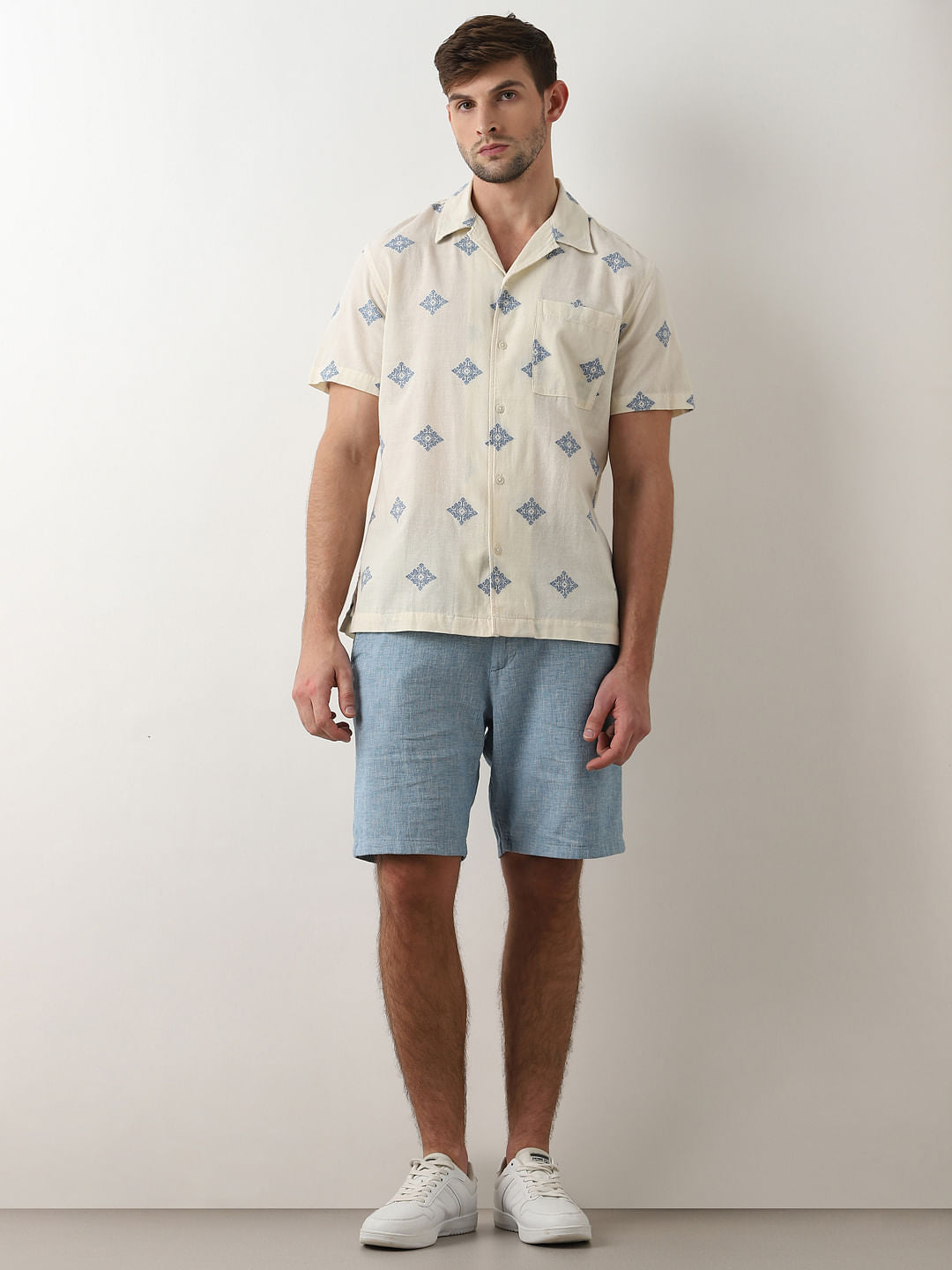 Beige Printed Cuban Collar Short Sleeves Shirt