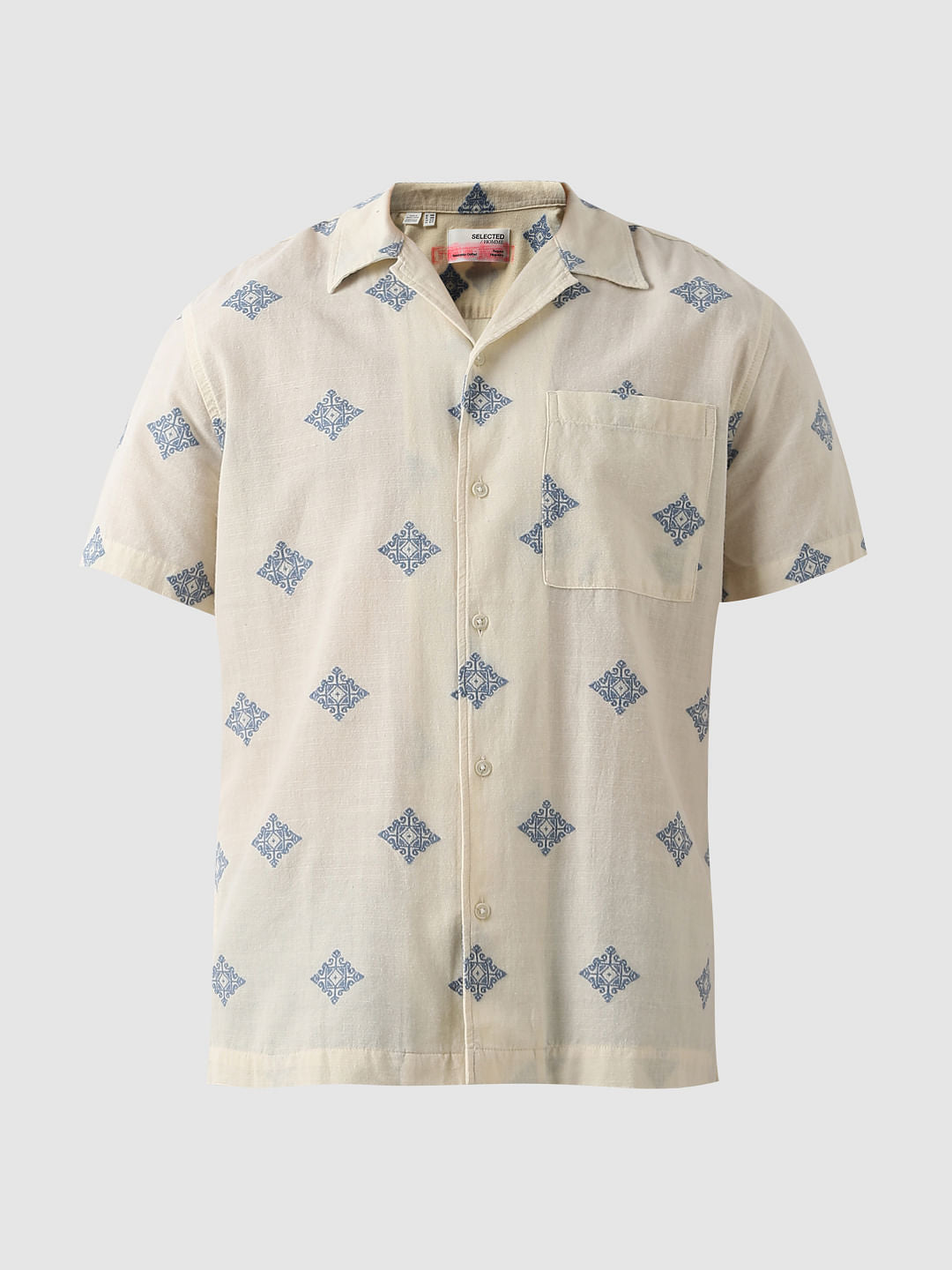Beige Printed Cuban Collar Short Sleeves Shirt