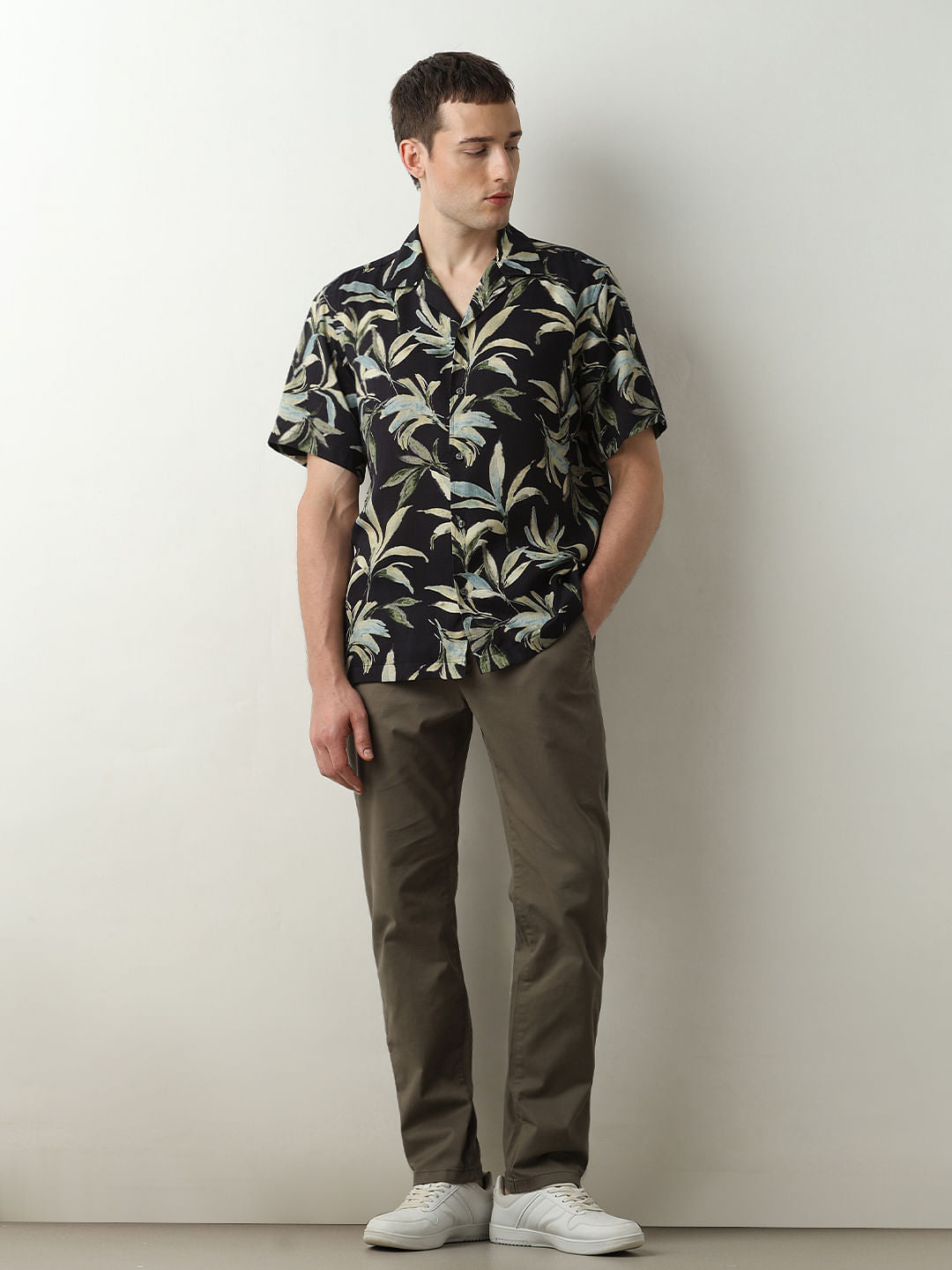 Black Printed Cuban Collar Short Sleeves Shirt