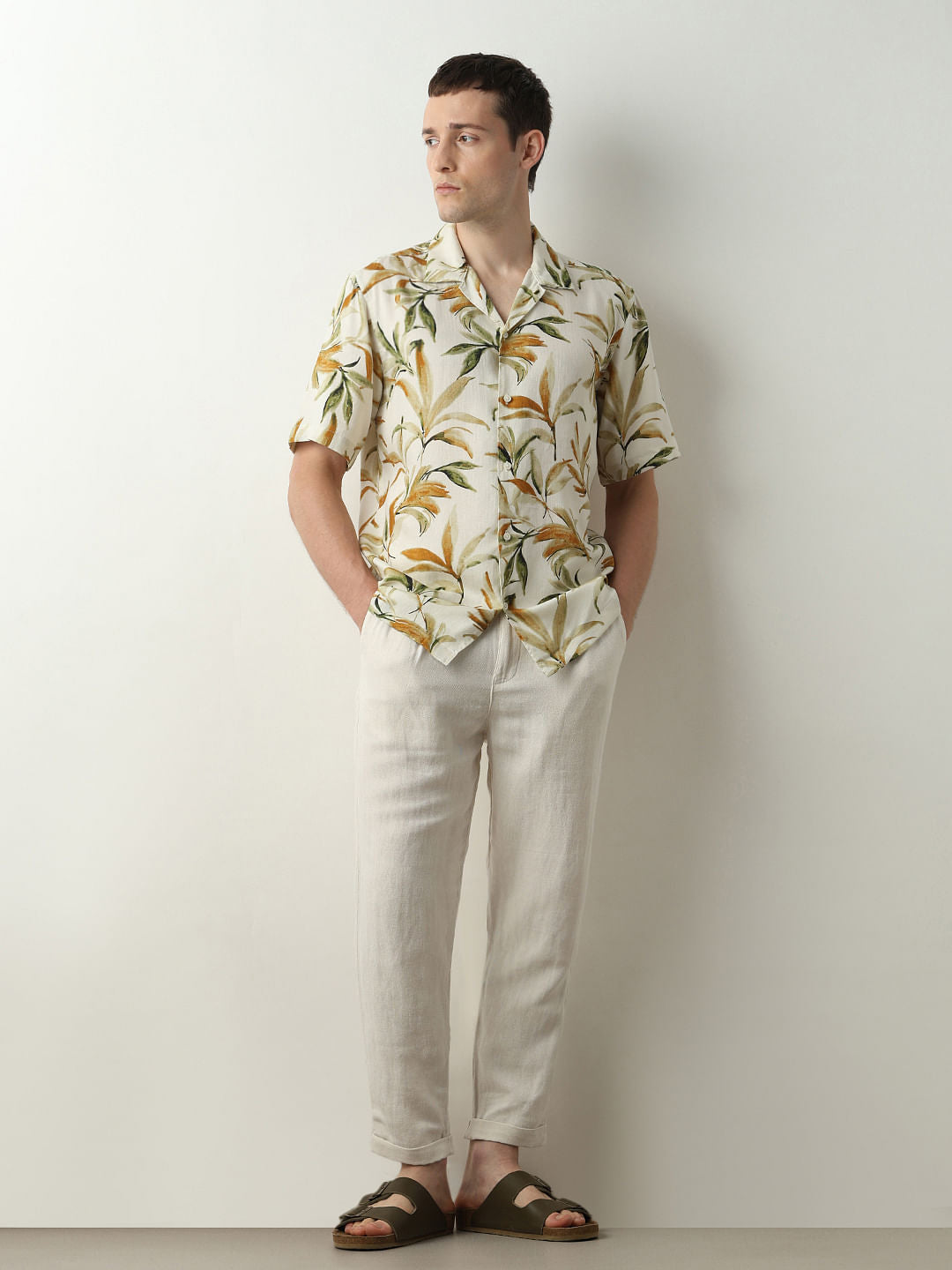 White Printed Cuban Collar Short Sleeves Shirt