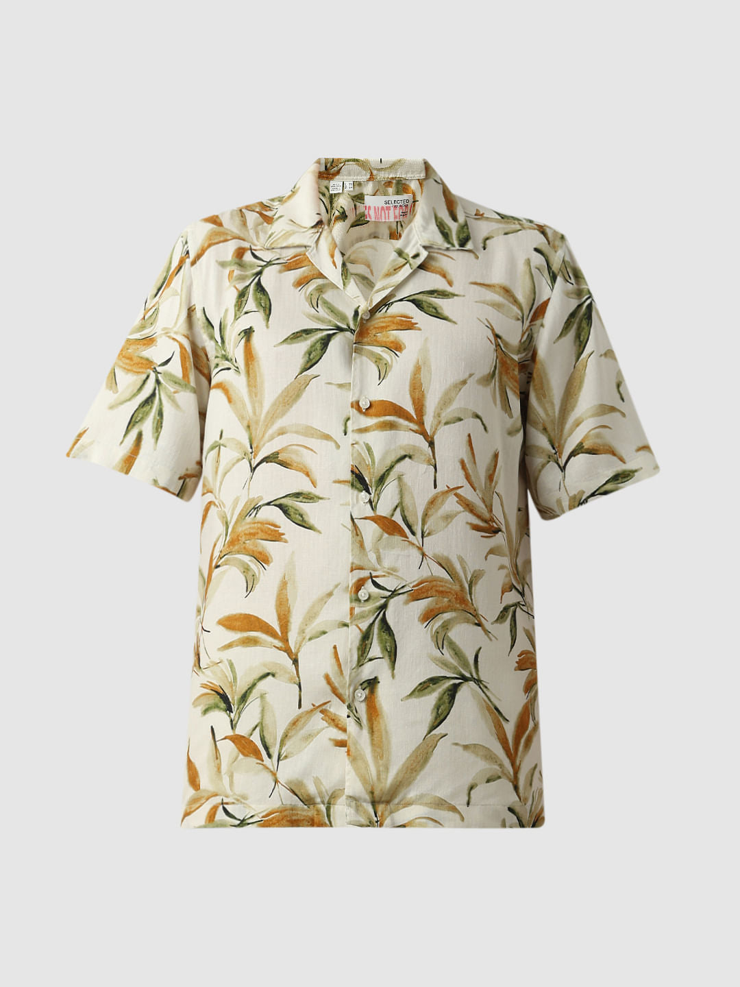 White Printed Cuban Collar Short Sleeves Shirt