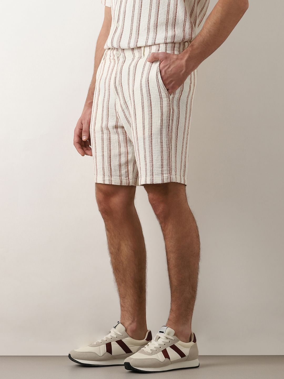 Beige Striped Co-Ord Set Shorts