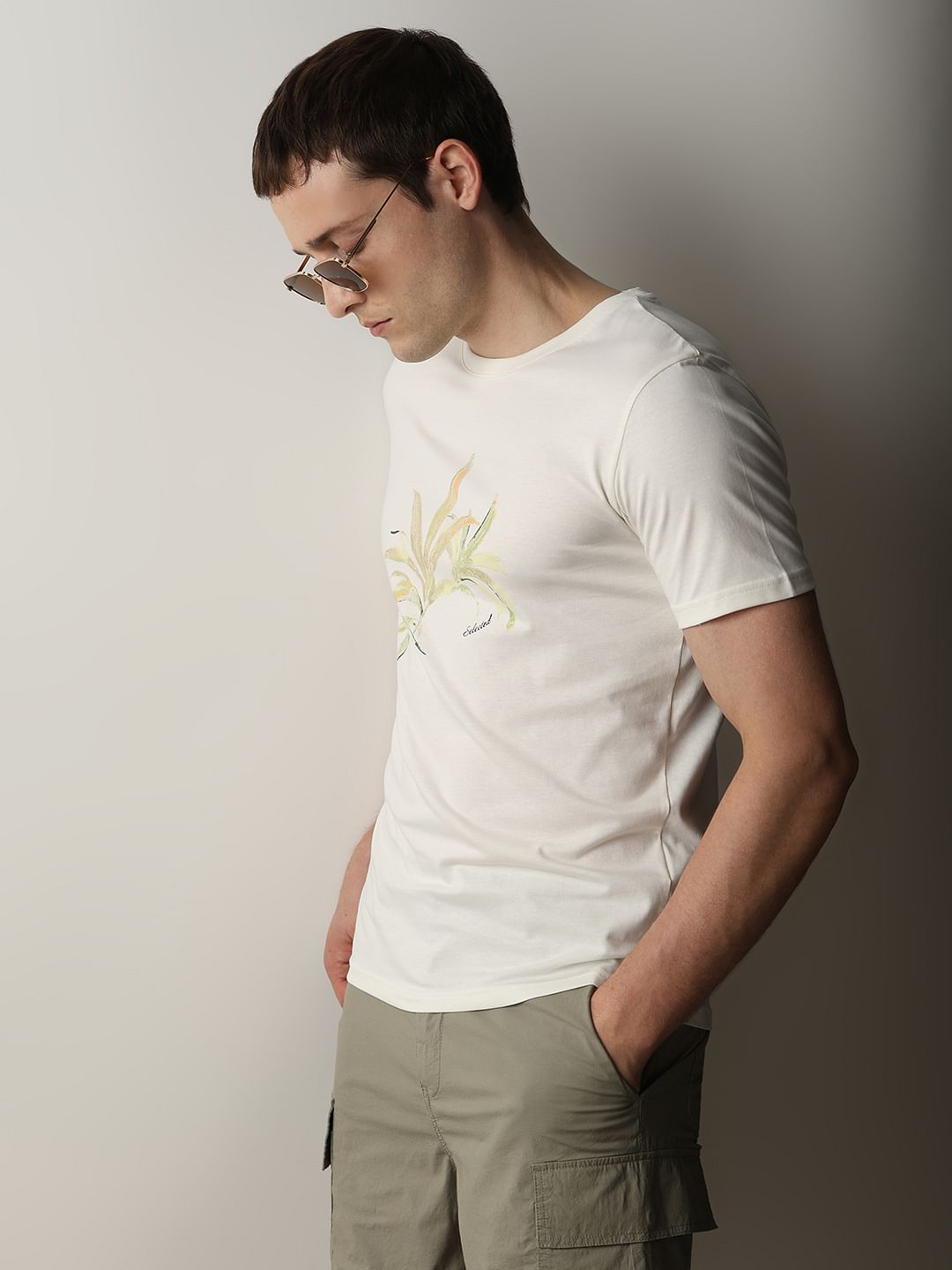 Beige Printed Crew Neck T-shirt