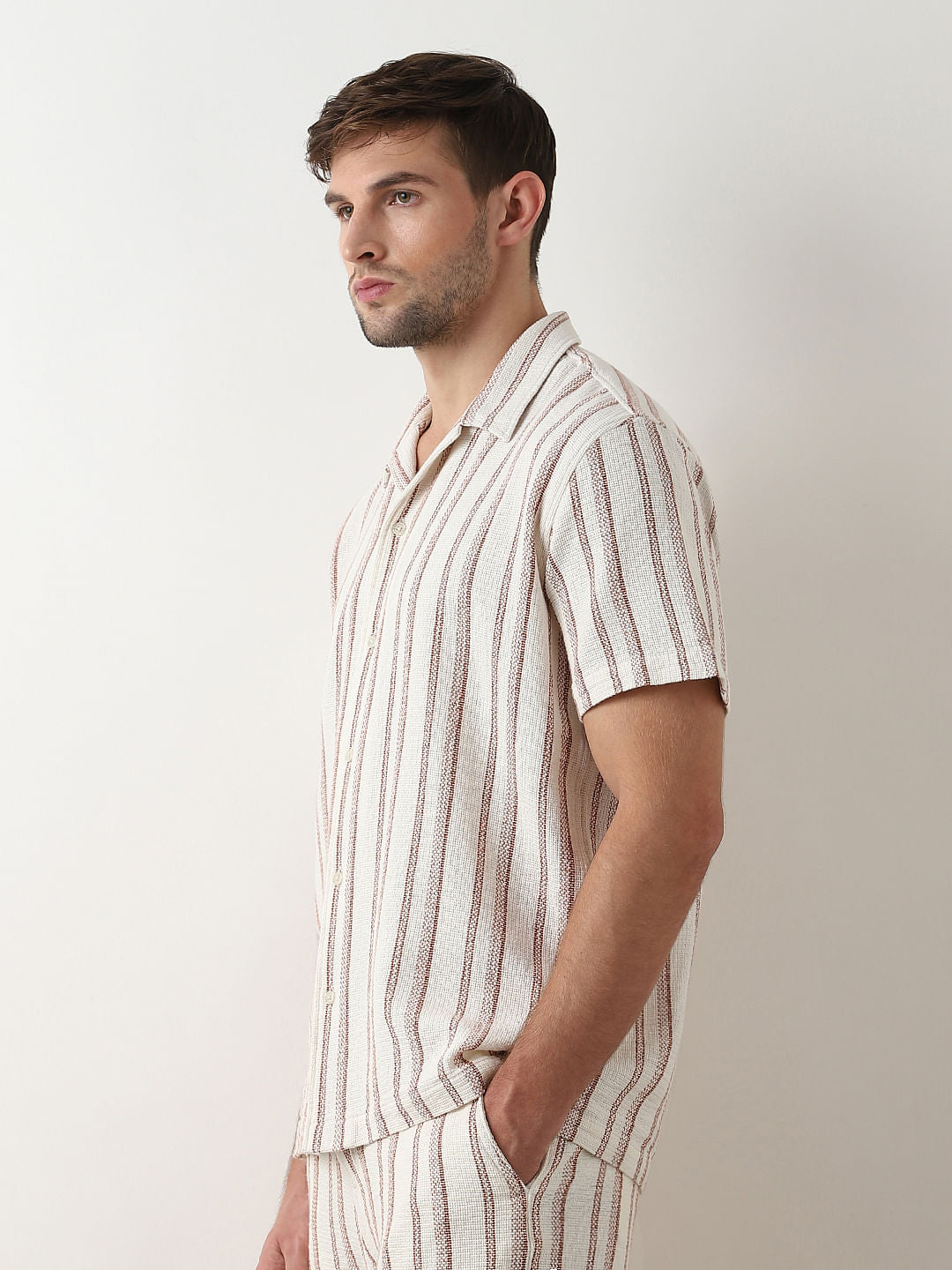 Beige Striped Cuban Collar Co-ord Set Shirt