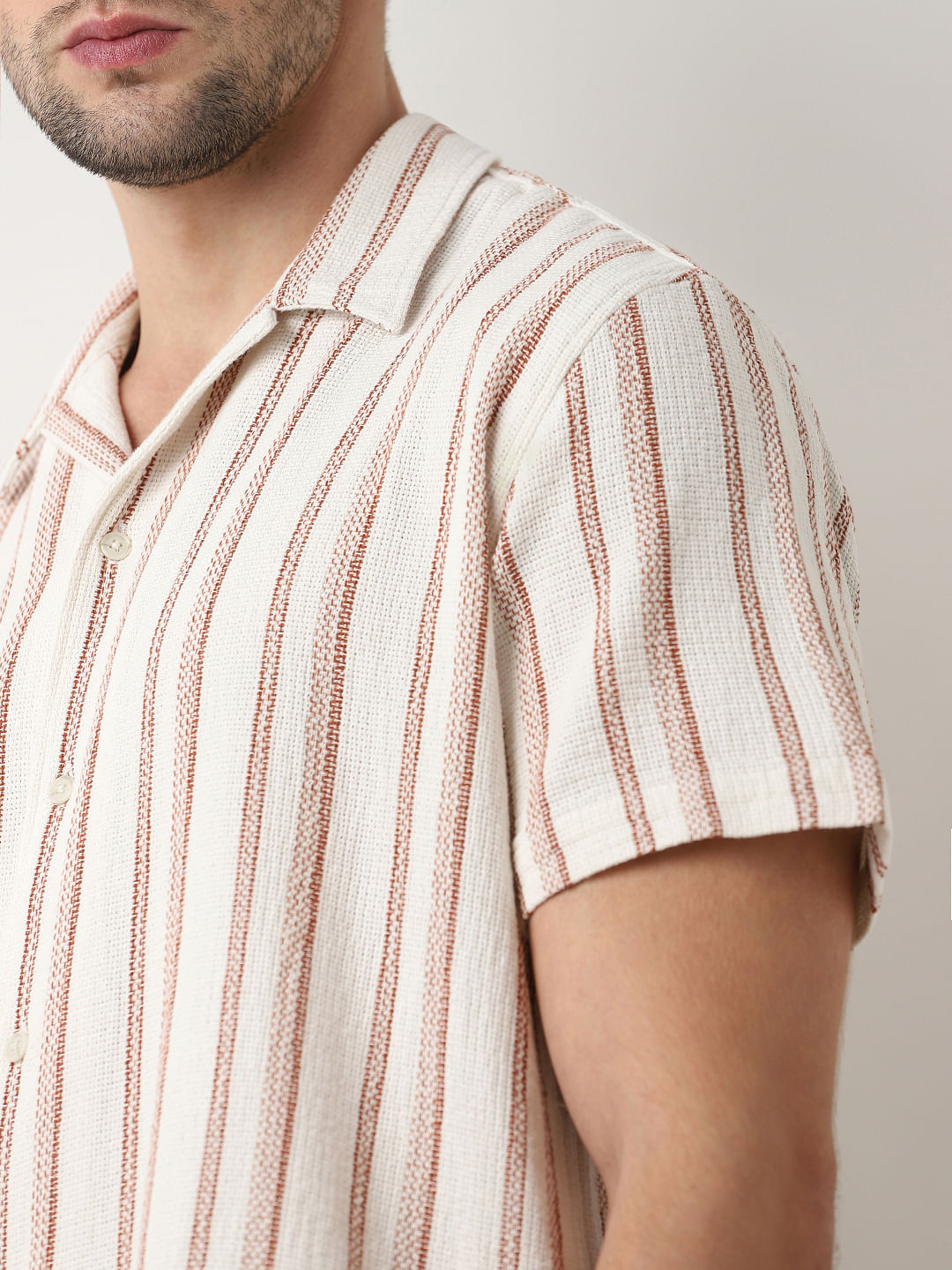 Beige Striped Cuban Collar Co-ord Set Shirt