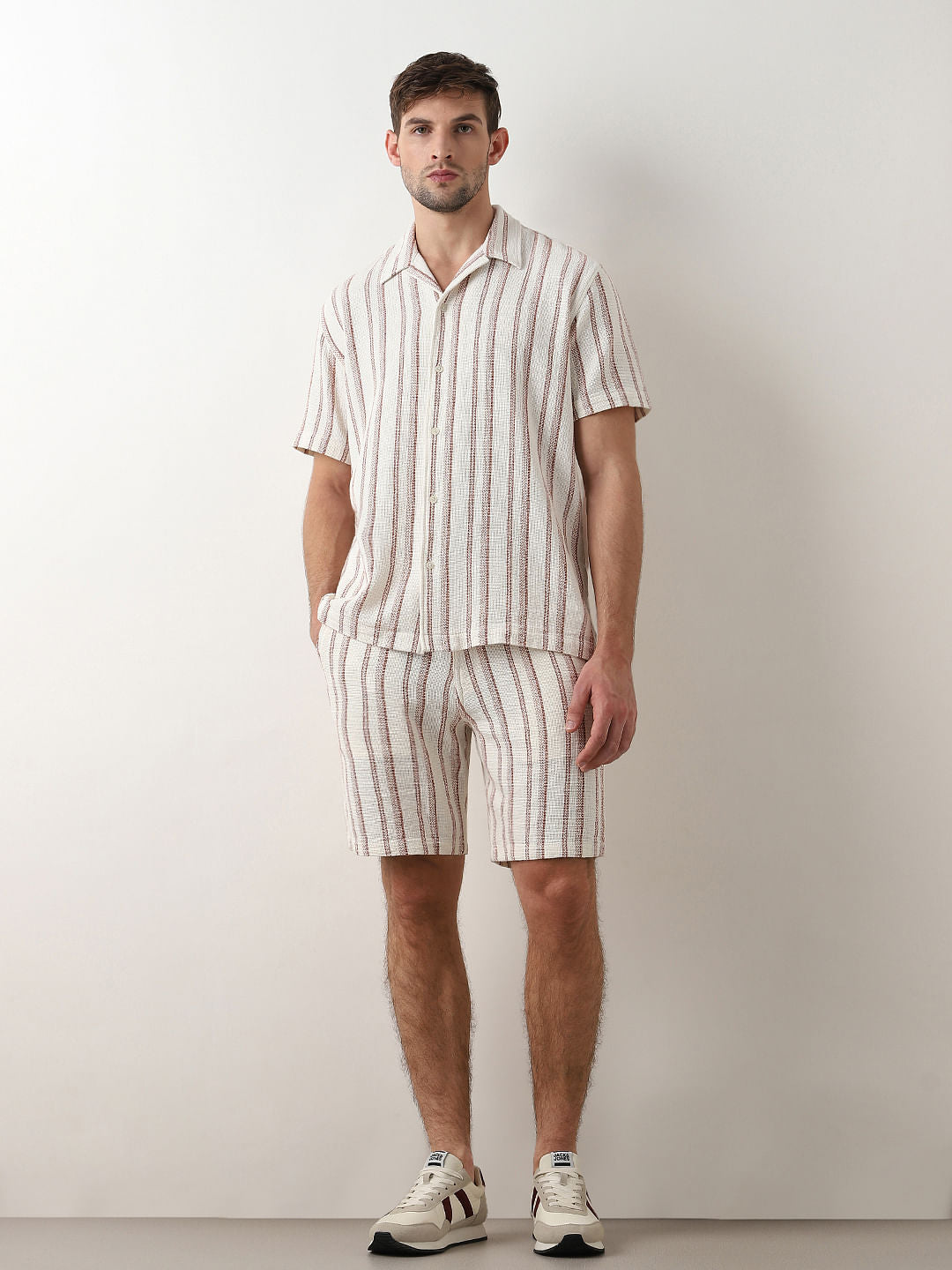 Beige Striped Cuban Collar Co-ord Set Shirt
