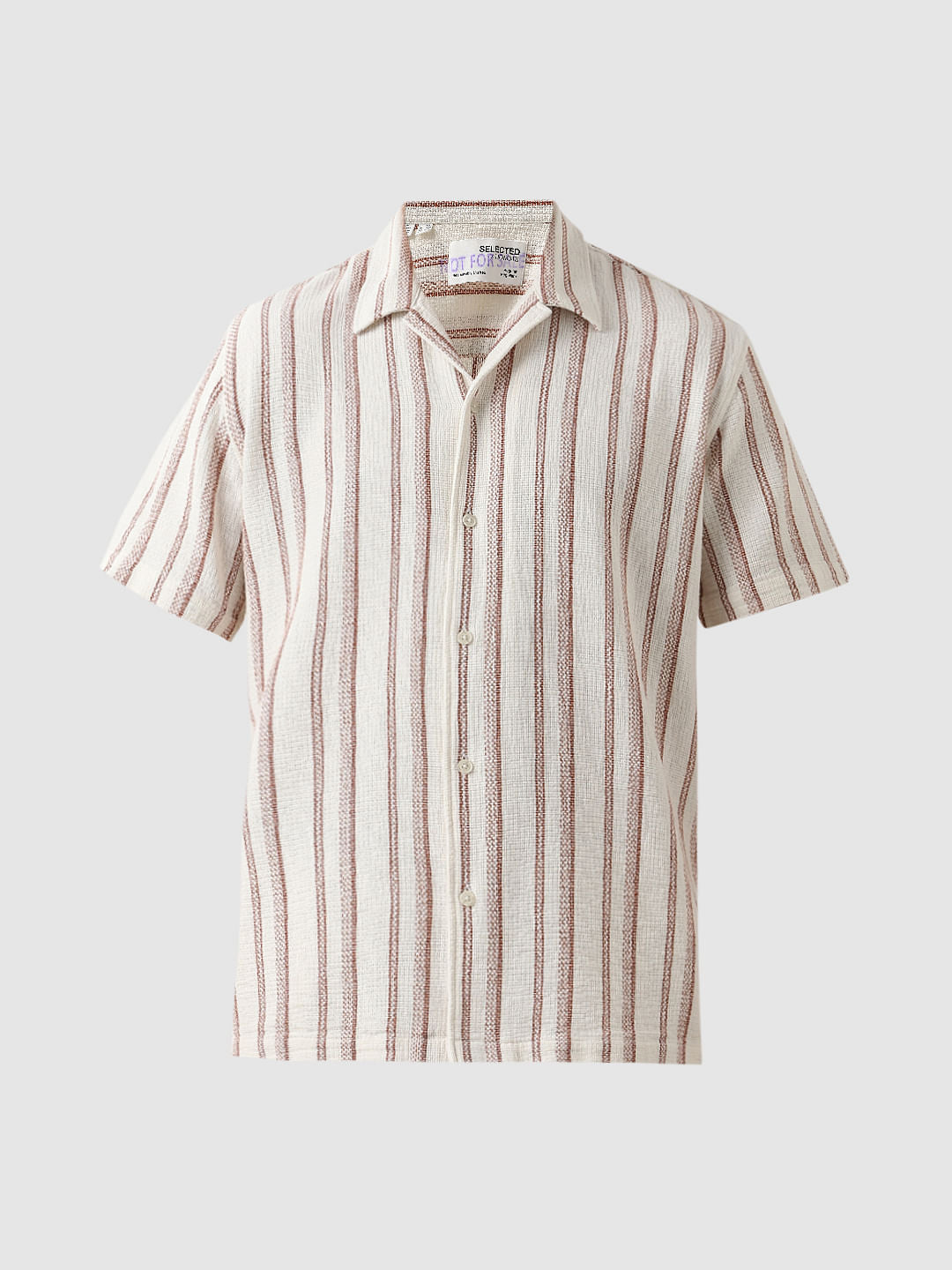 Beige Striped Cuban Collar Co-ord Set Shirt
