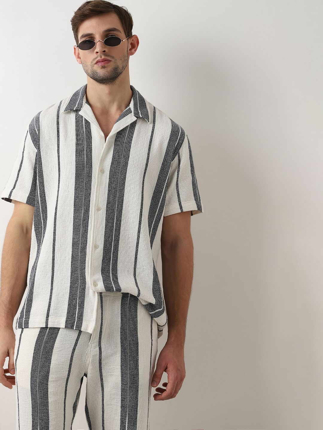 White Striped Cuban Collar Co-ord Set Shirt