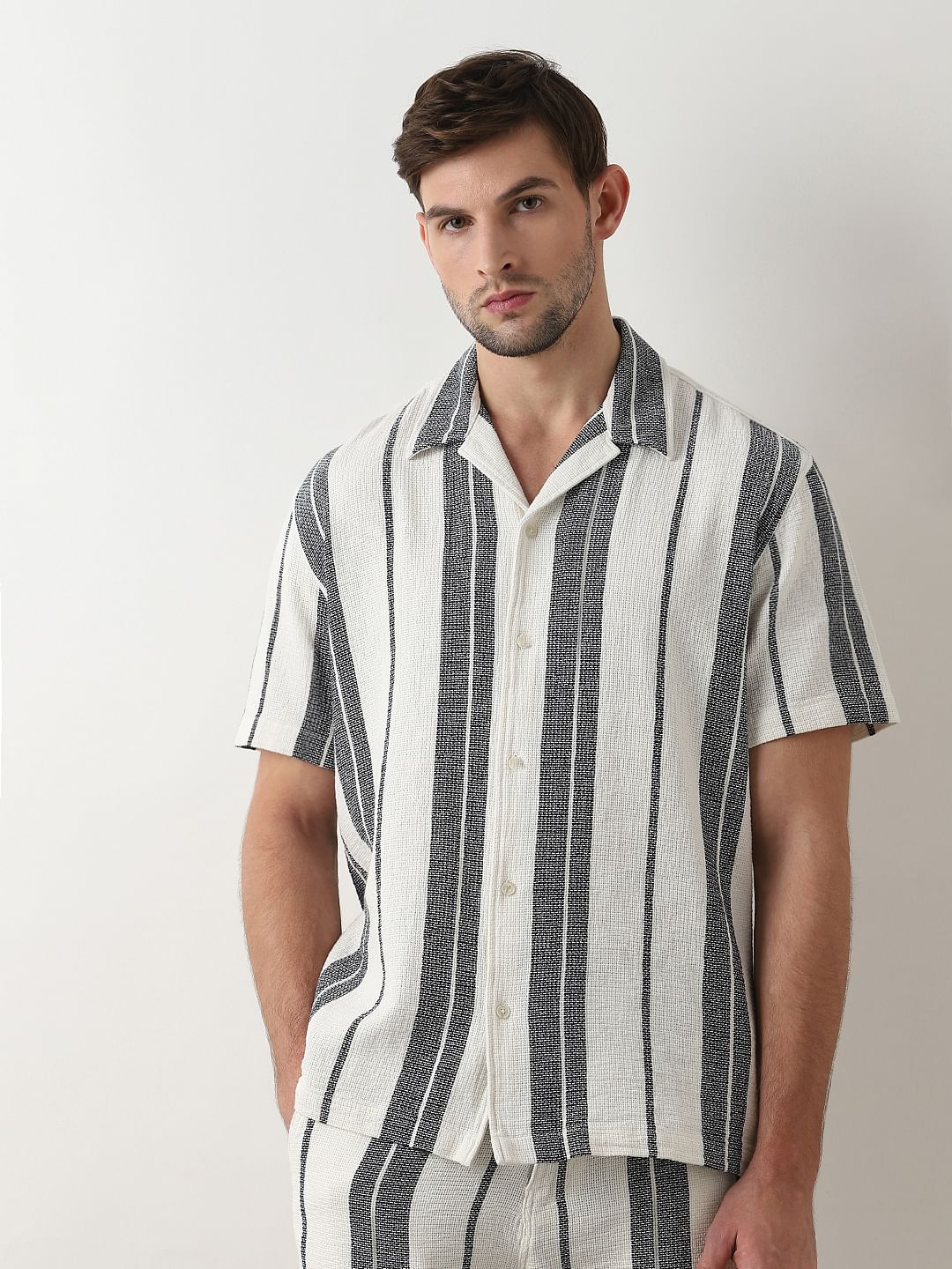 White Striped Cuban Collar Co-ord Set Shirt