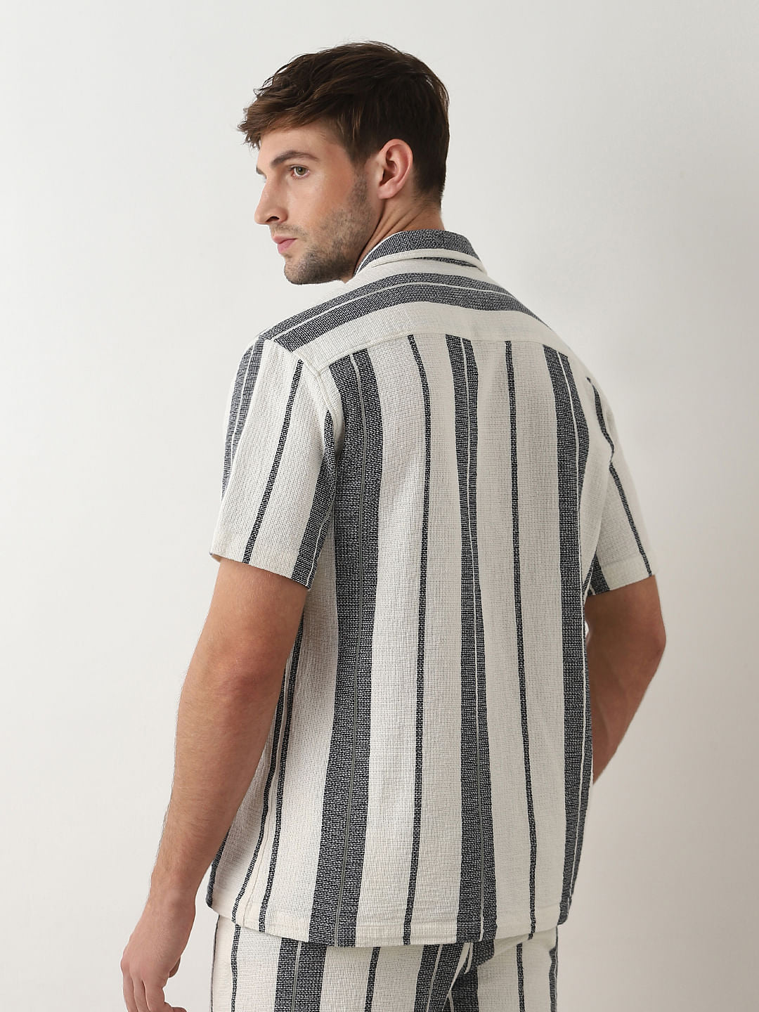 White Striped Cuban Collar Co-ord Set Shirt