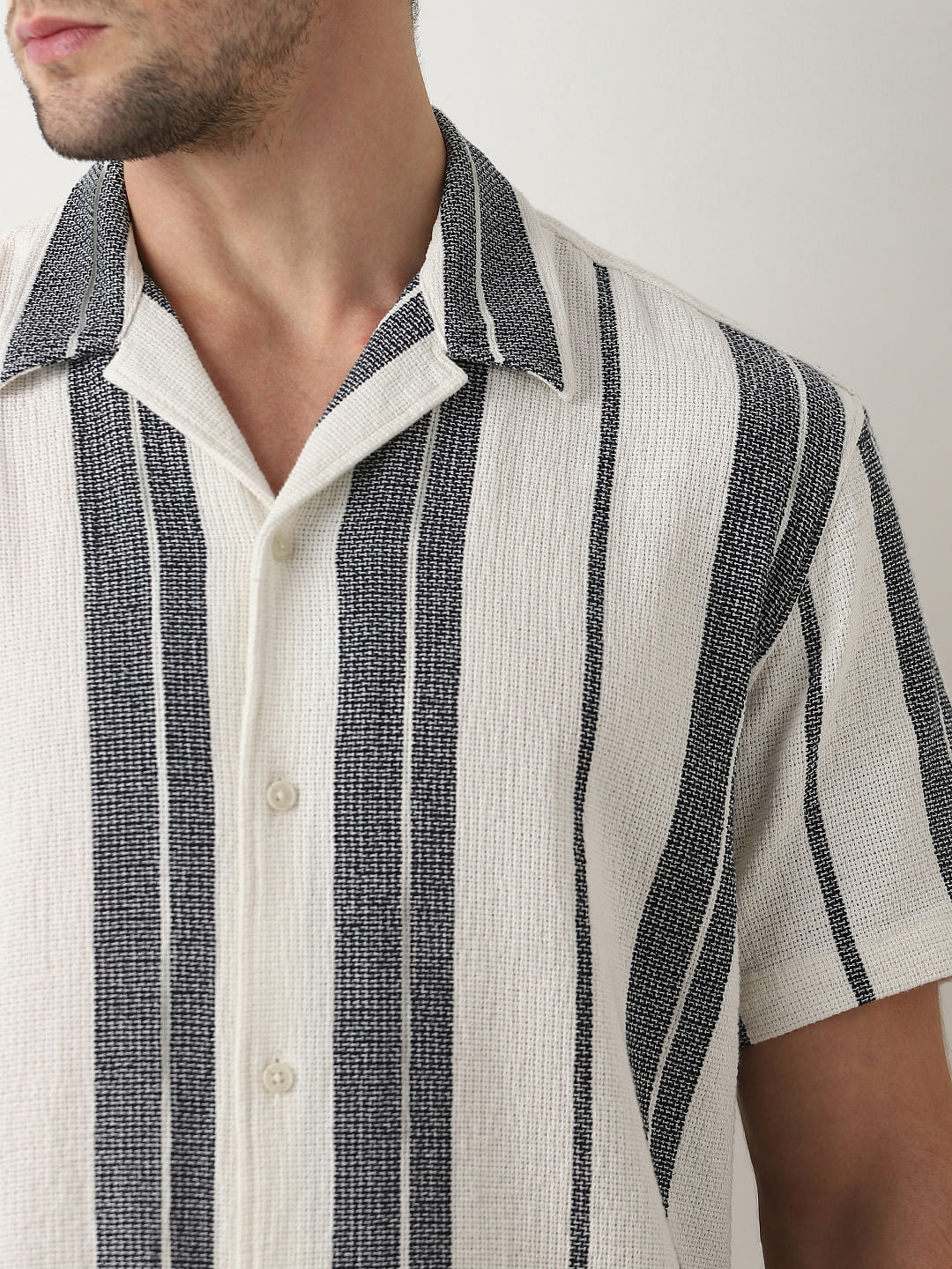 White Striped Cuban Collar Co-ord Set Shirt
