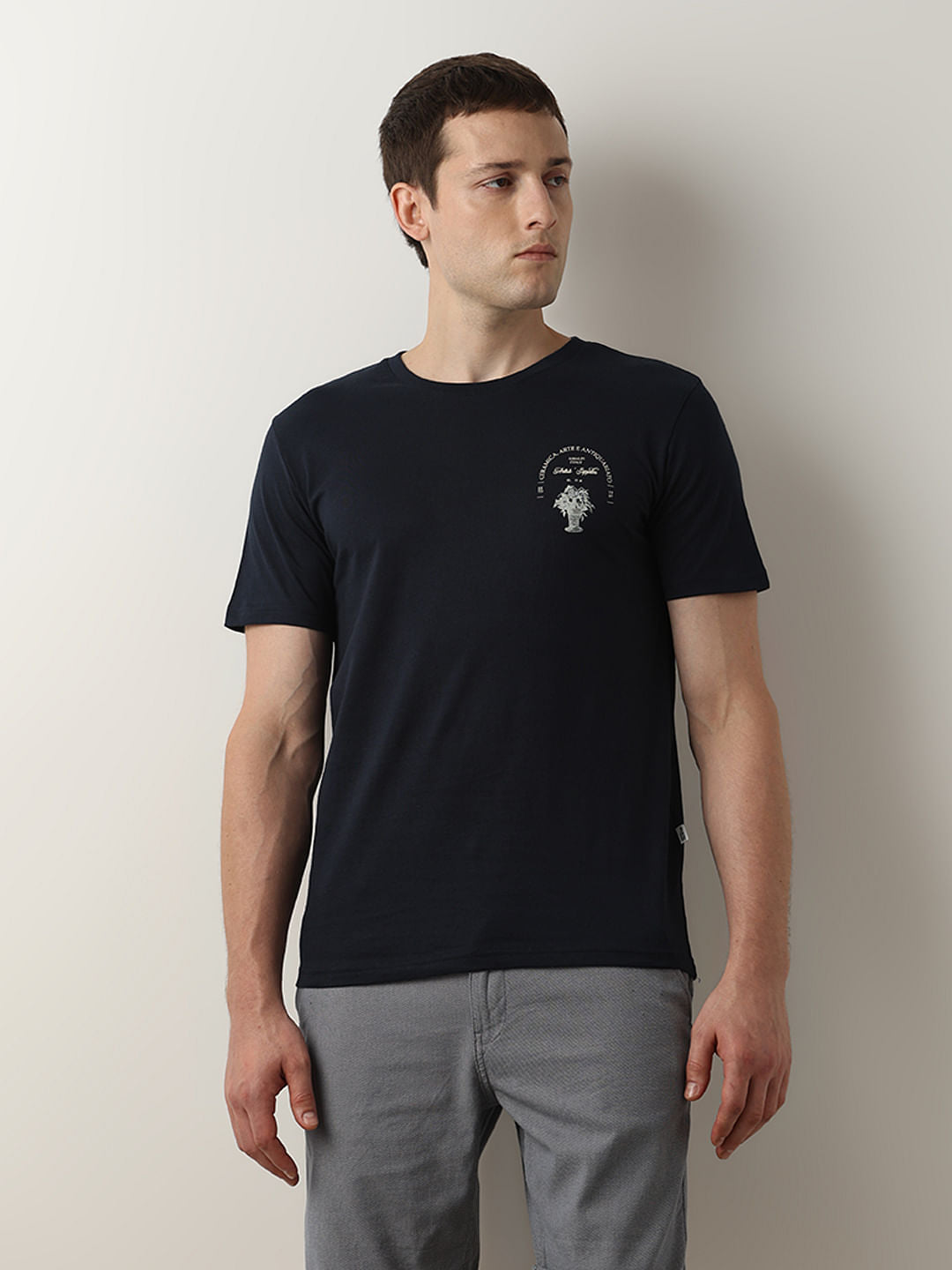 Dark Blue Printed Crew Neck T-shirt