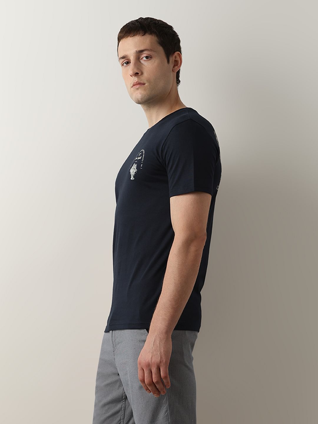 Dark Blue Printed Crew Neck T-shirt