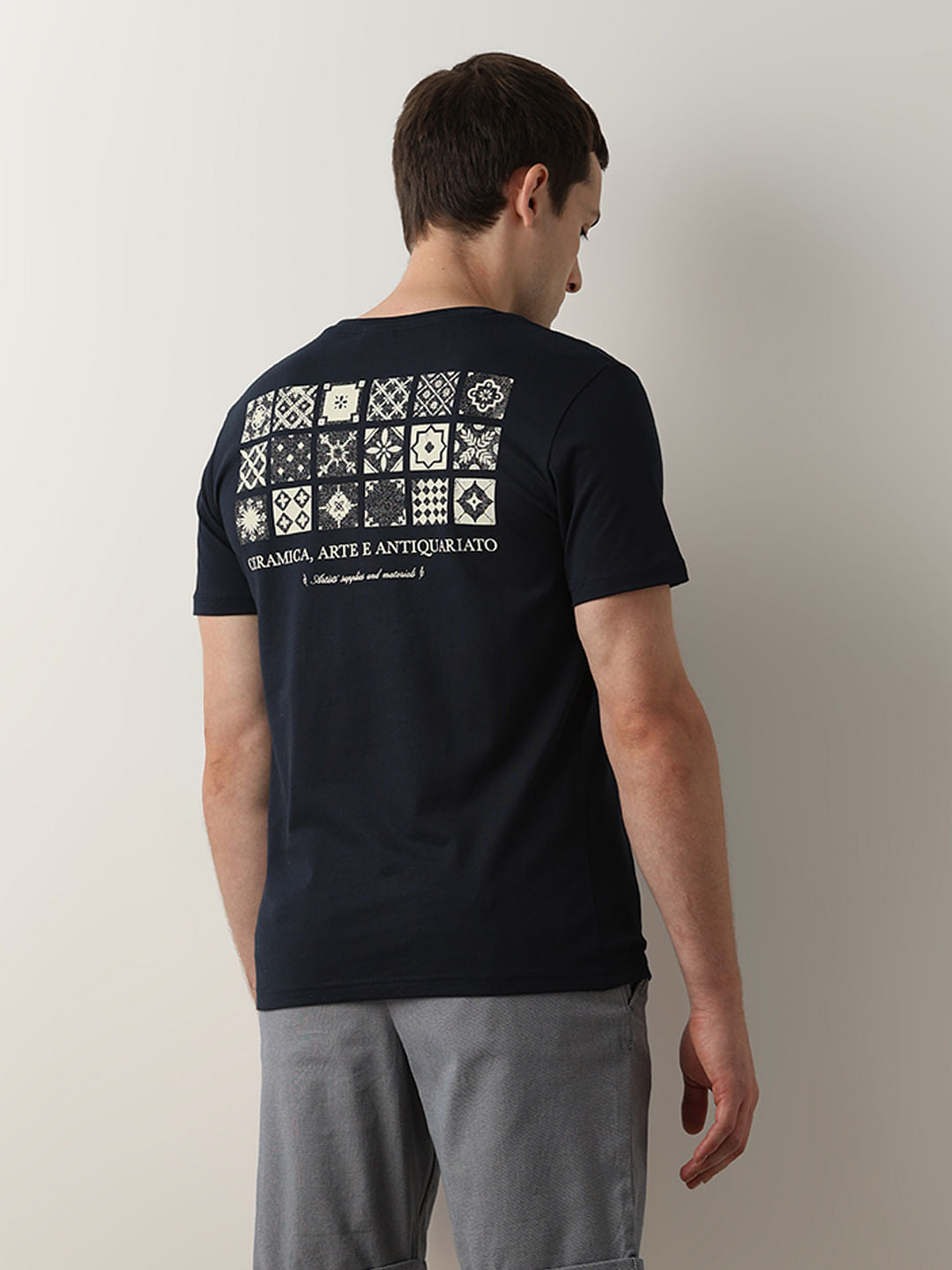 Dark Blue Printed Crew Neck T-shirt