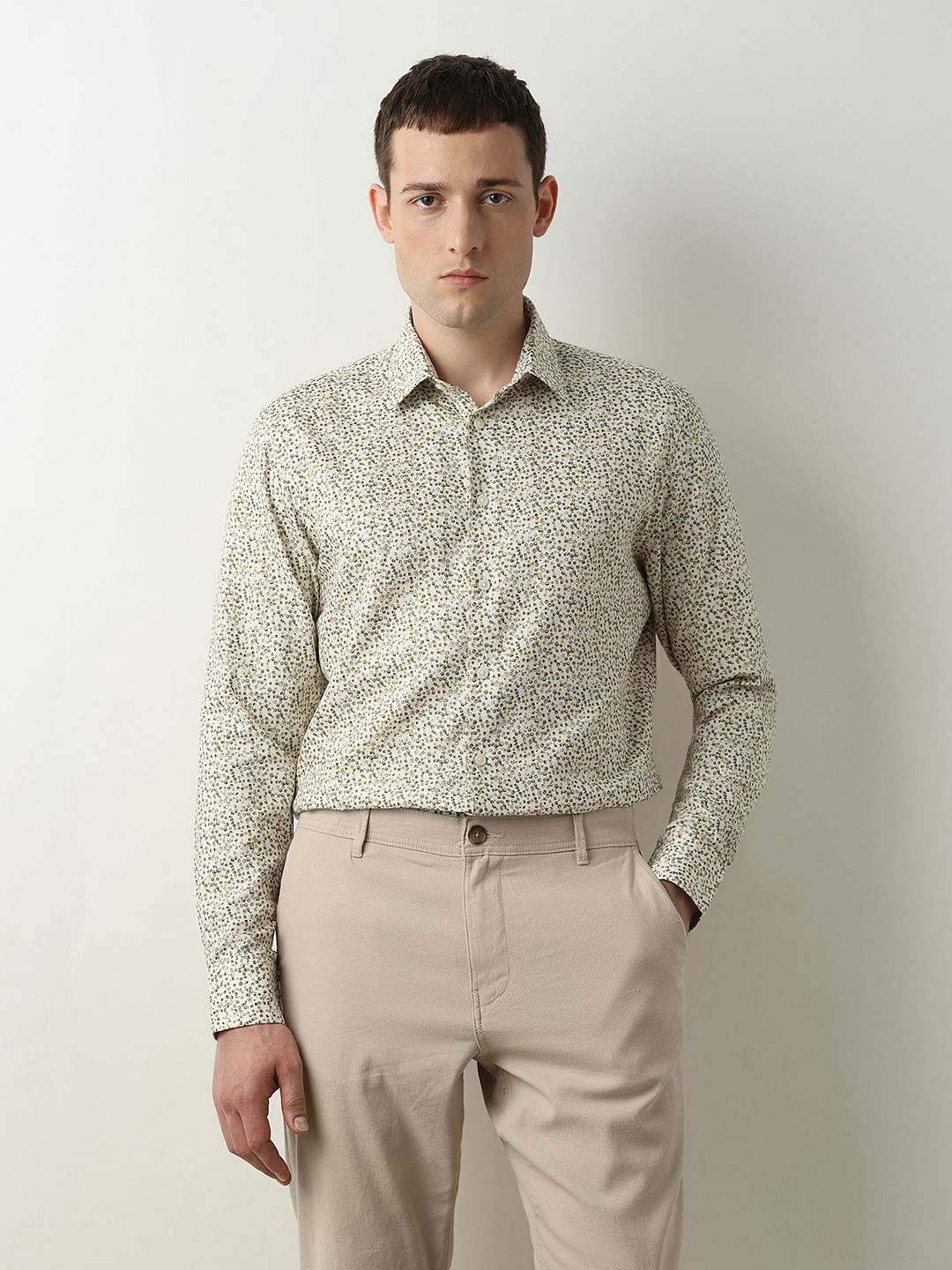 Beige Printed Slim Fit Shirt