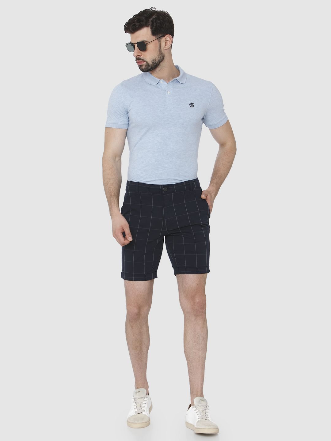 Navy Blue Check Chino Shorts