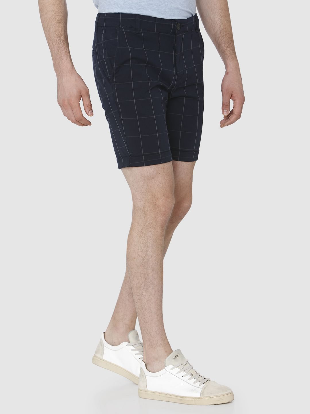 Navy Blue Check Chino Shorts