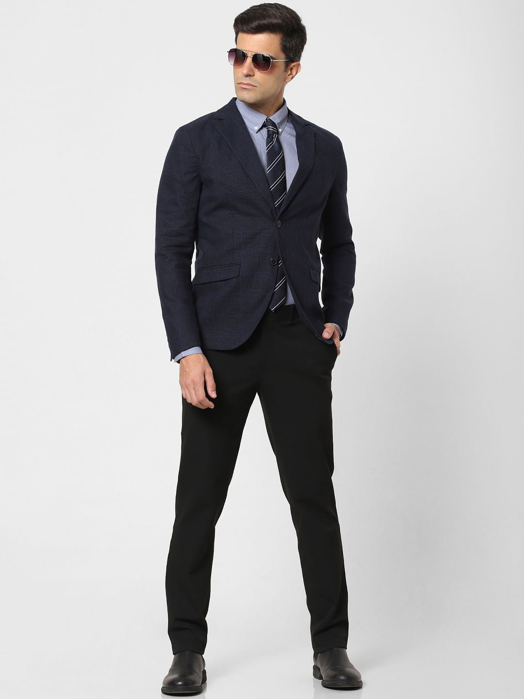 Dark Blue Check Slim Fit Linen Blazer