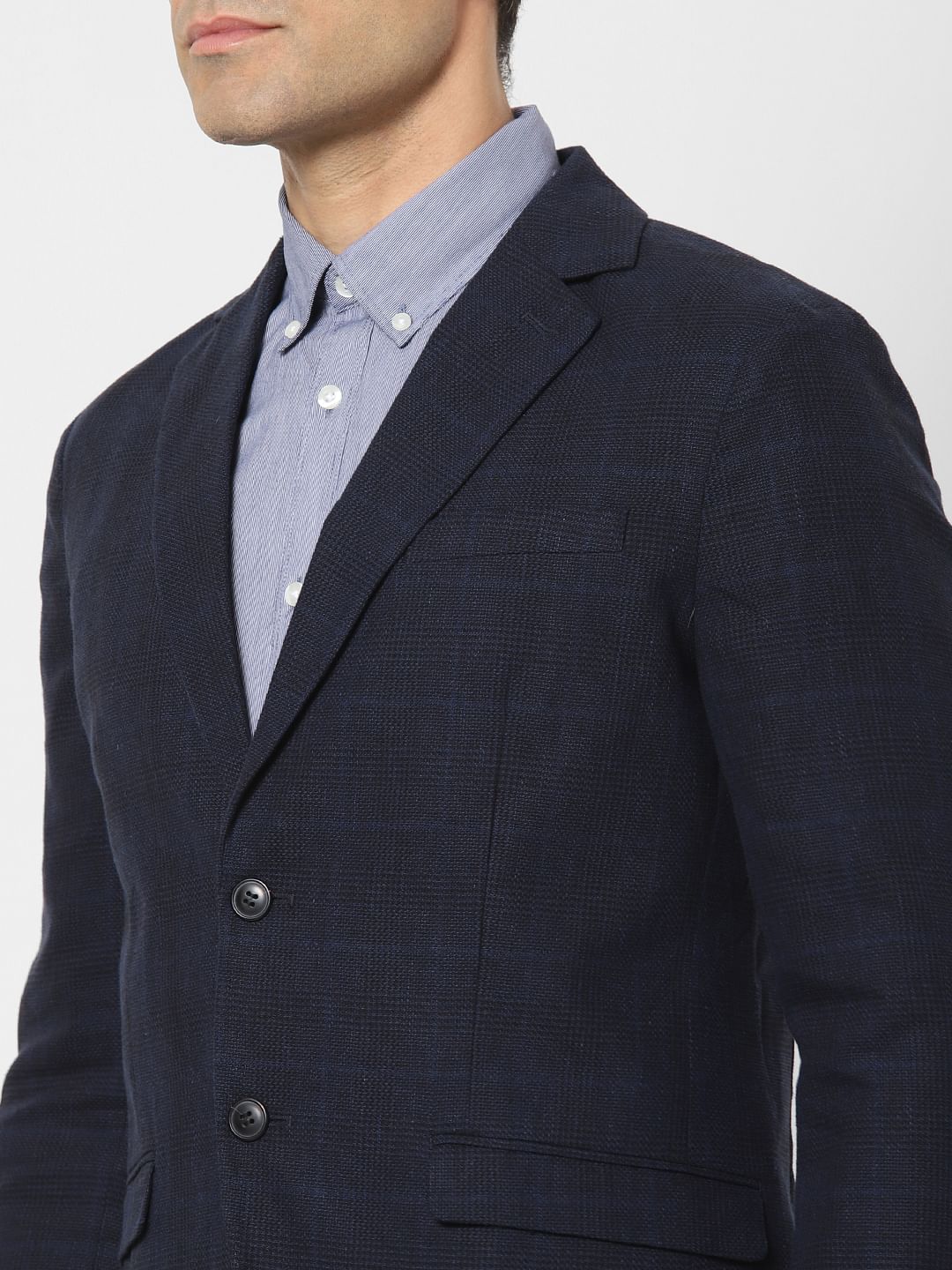 Dark Blue Check Slim Fit Linen Blazer