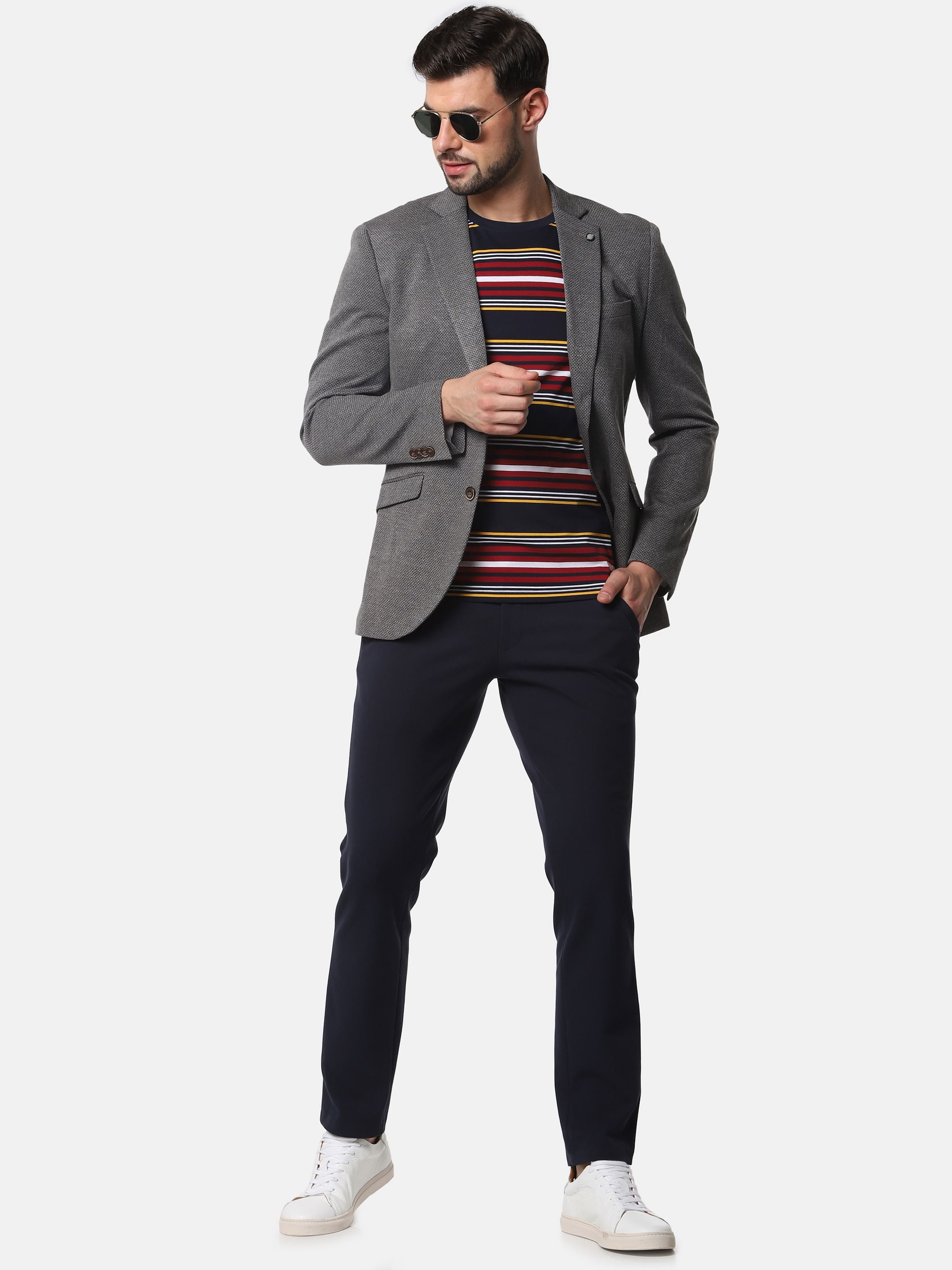 Dark Blue Striped Slim Fit Crew Neck T-Shirt