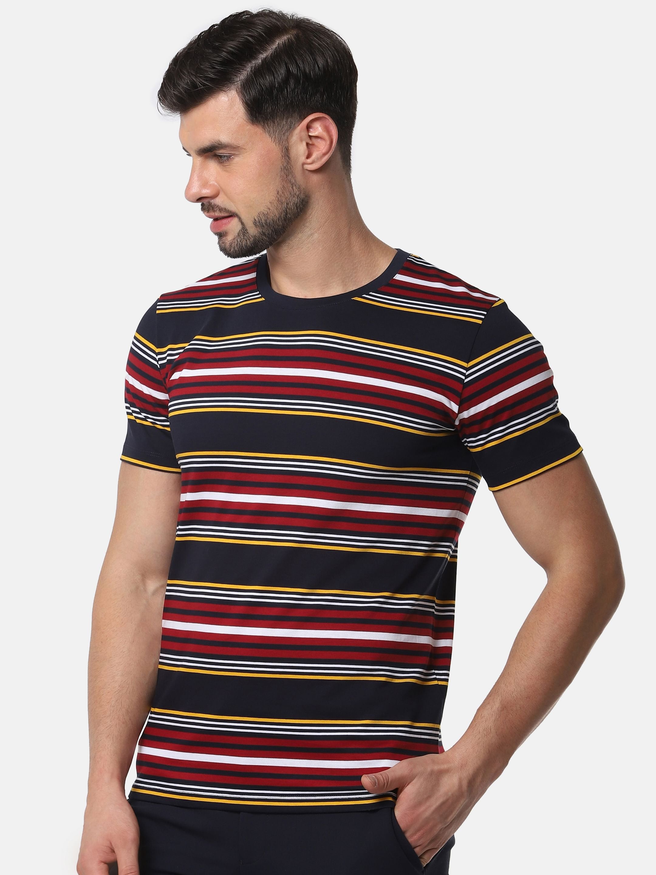 Dark Blue Striped Slim Fit Crew Neck T-Shirt