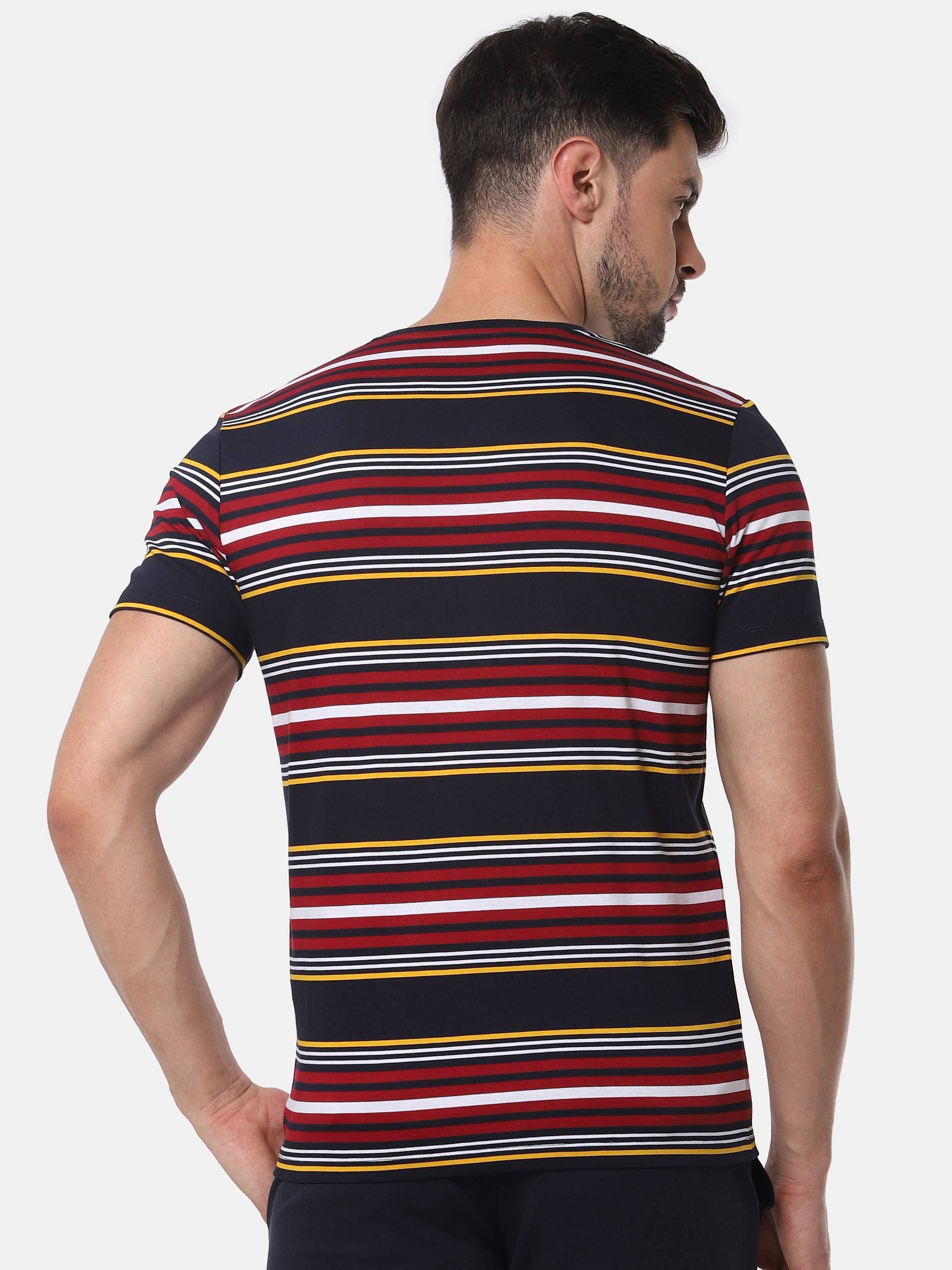 Dark Blue Striped Slim Fit Crew Neck T-Shirt