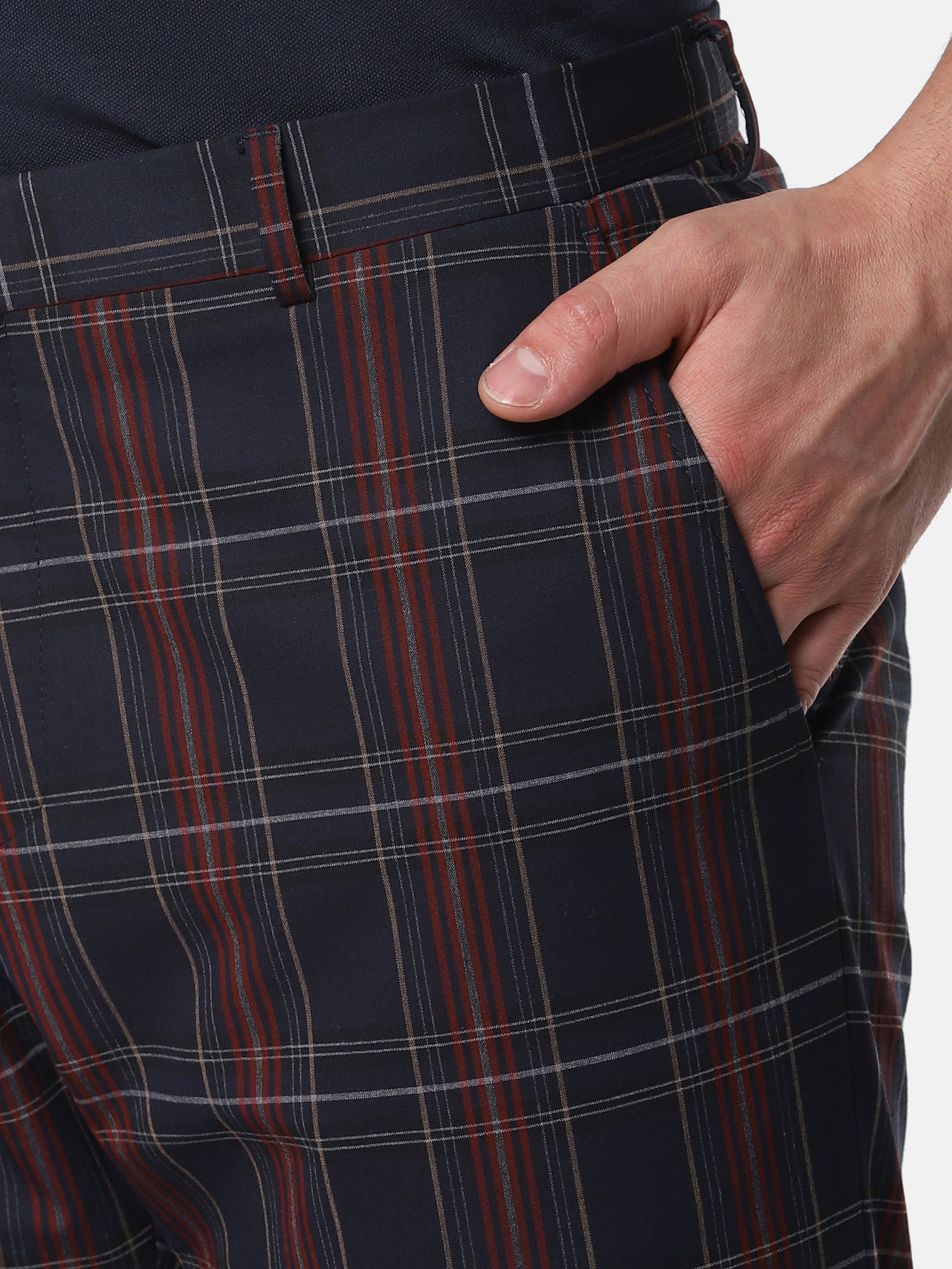 Navy Blue Check Slim Fit Trousers