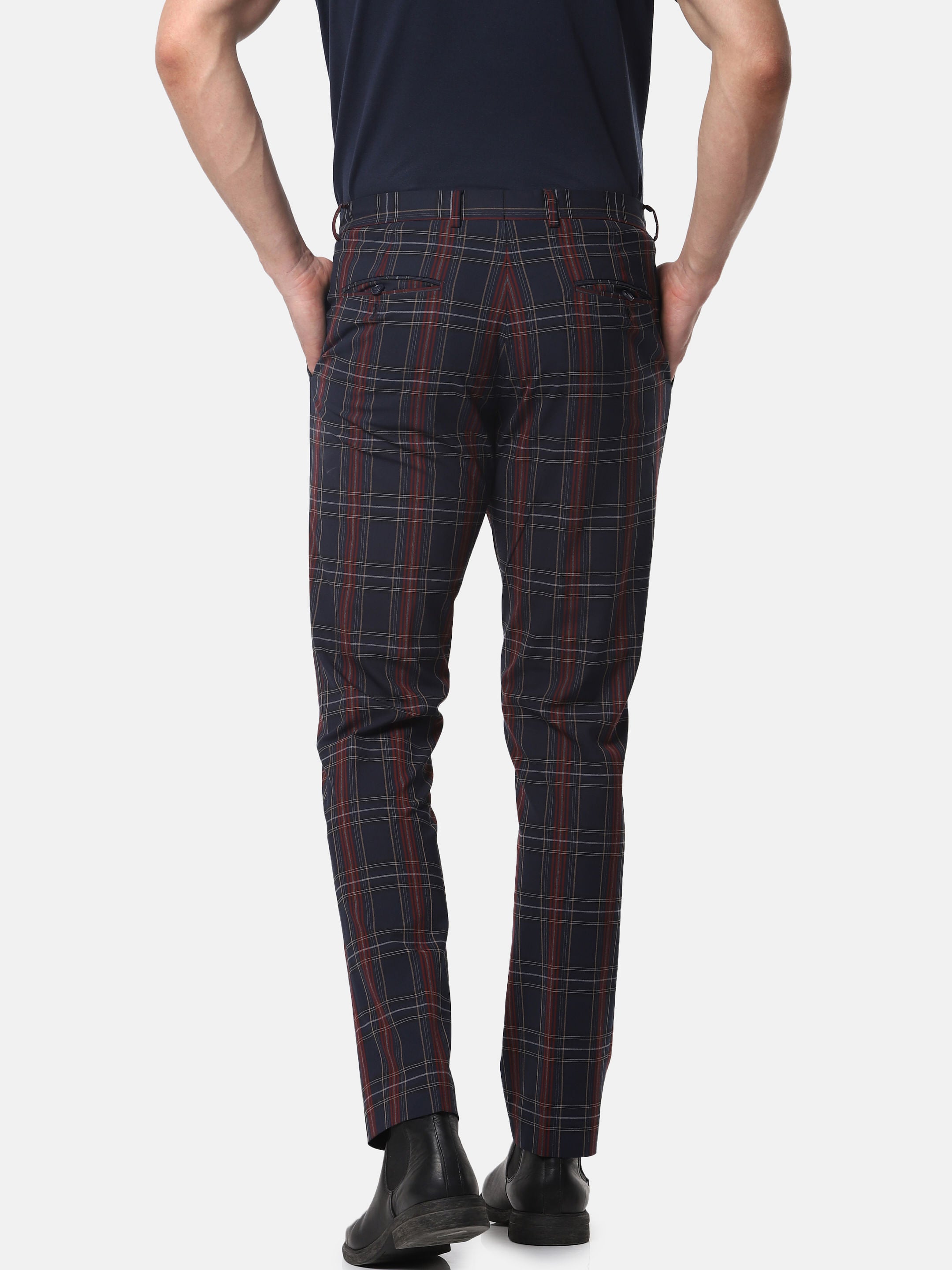 Navy Blue Check Slim Fit Trousers