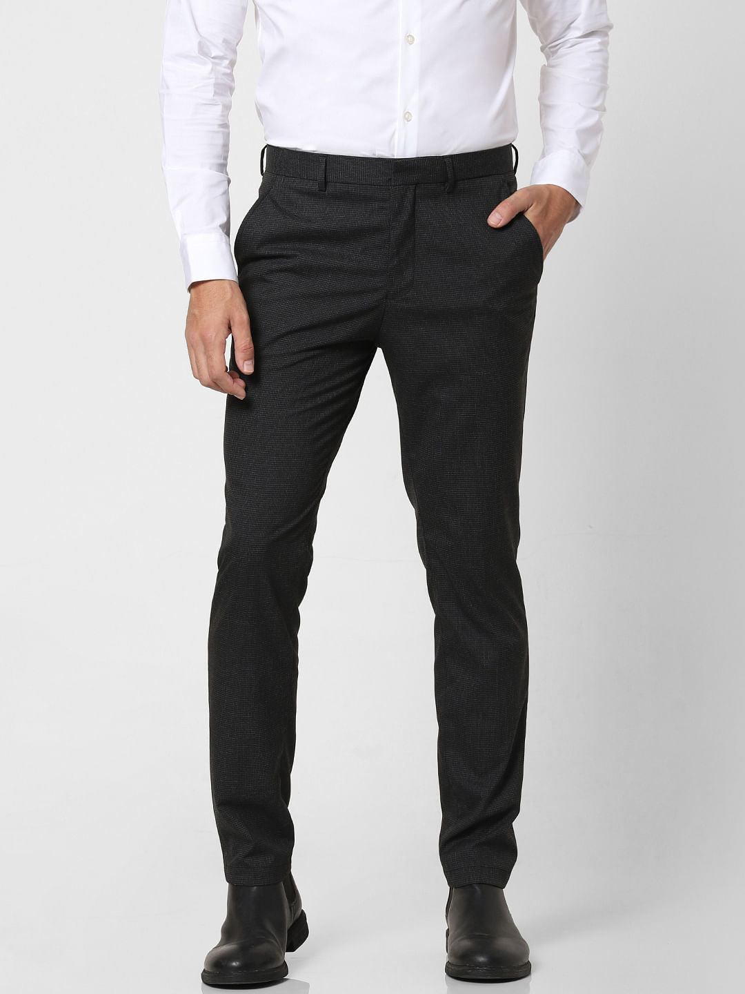 Black Mid Rise Check Slim Fit Trousers