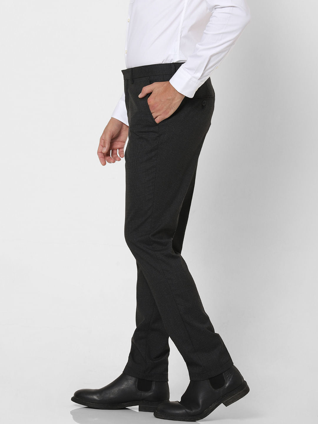 Black Mid Rise Check Slim Fit Trousers