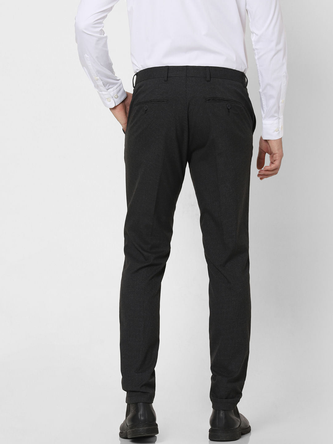 Black Mid Rise Check Slim Fit Trousers