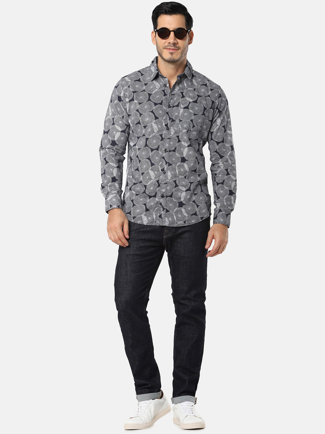 Navy Blue All Over Print Full Sleeves Shirt