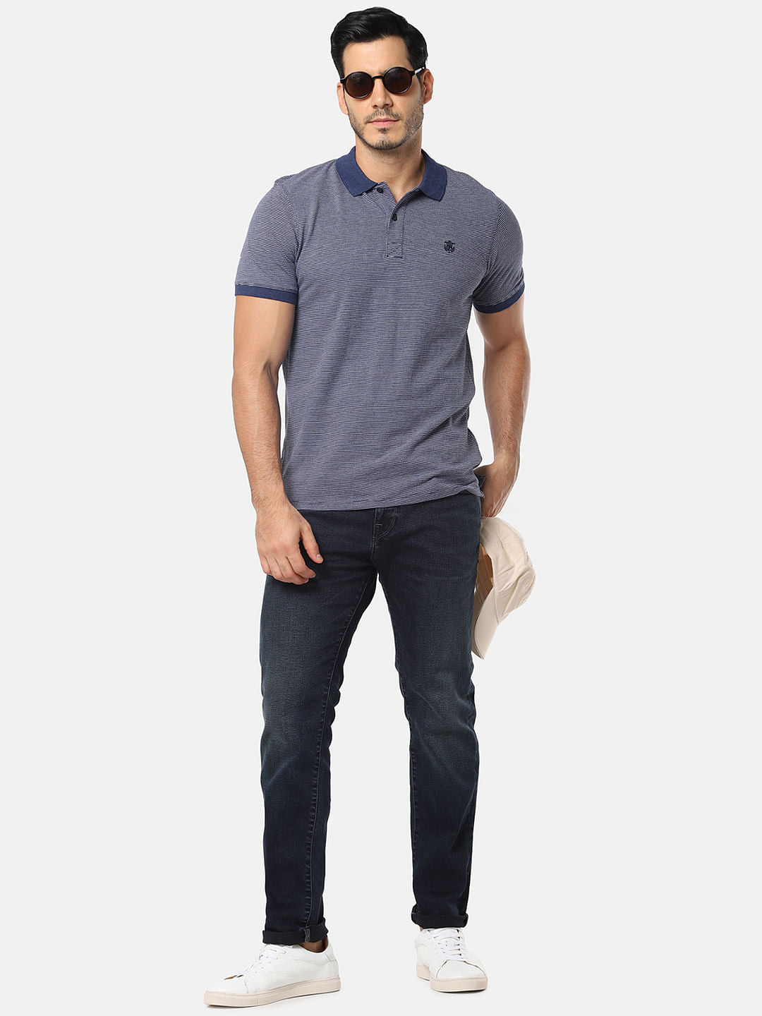 Blue Self Design Slim Fit Polo T-Shirt