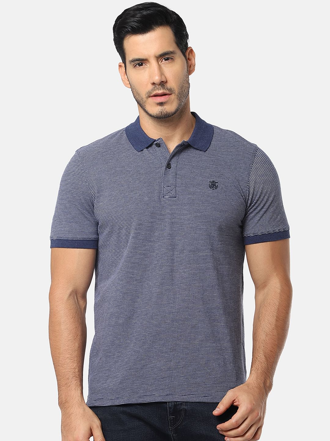 Blue Self Design Slim Fit Polo T-Shirt