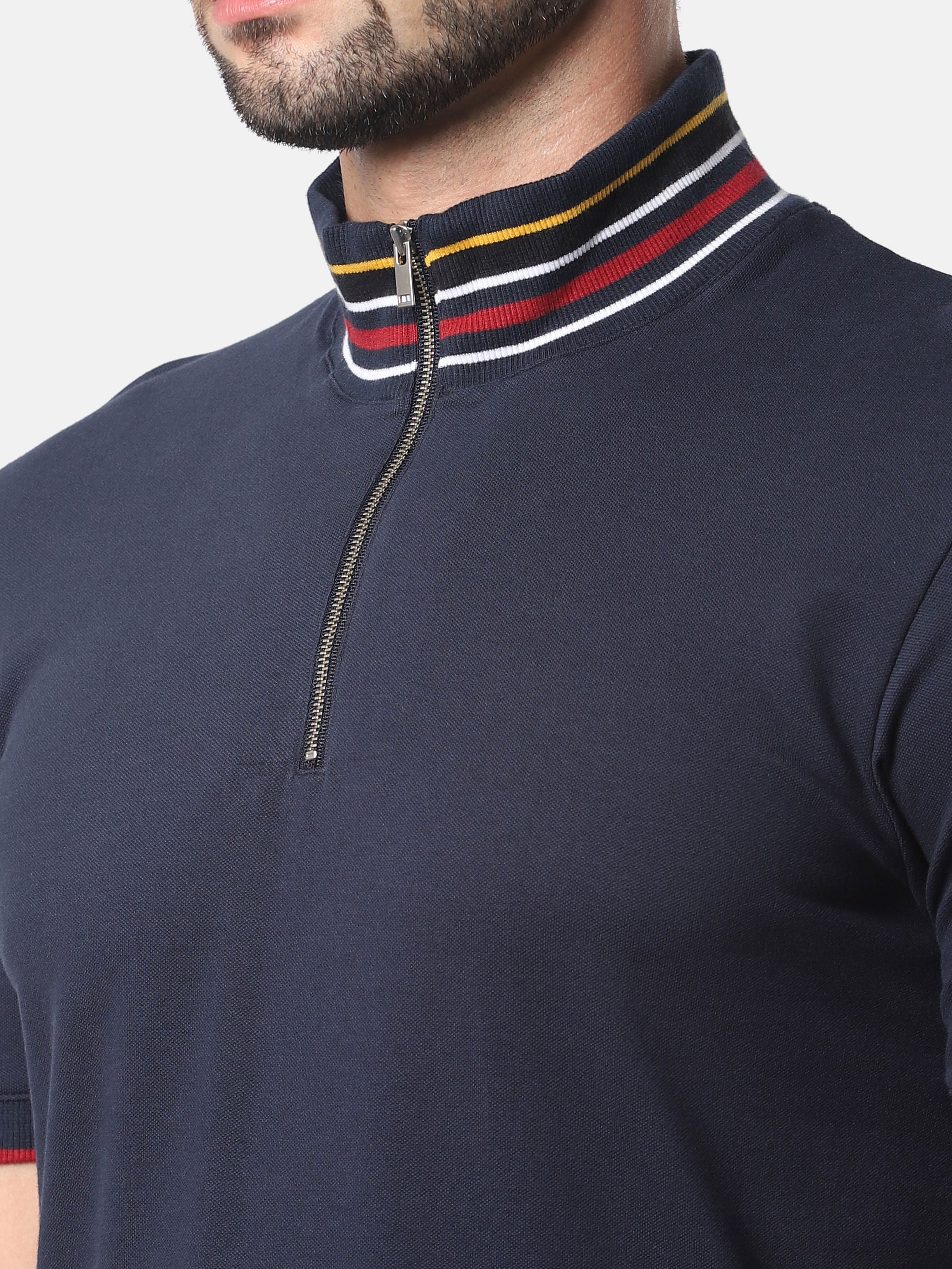 Dark Blue Zip Detail High Neck T-Shirt