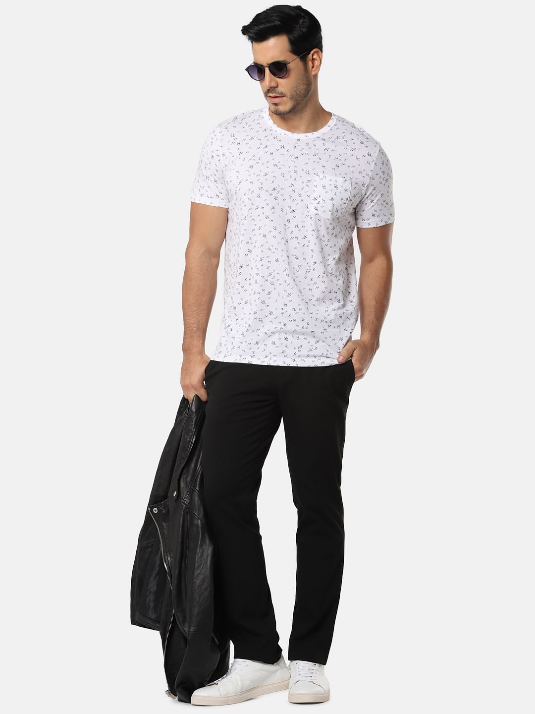 White All Over Print Slim Fit Crew Neck T-Shirt