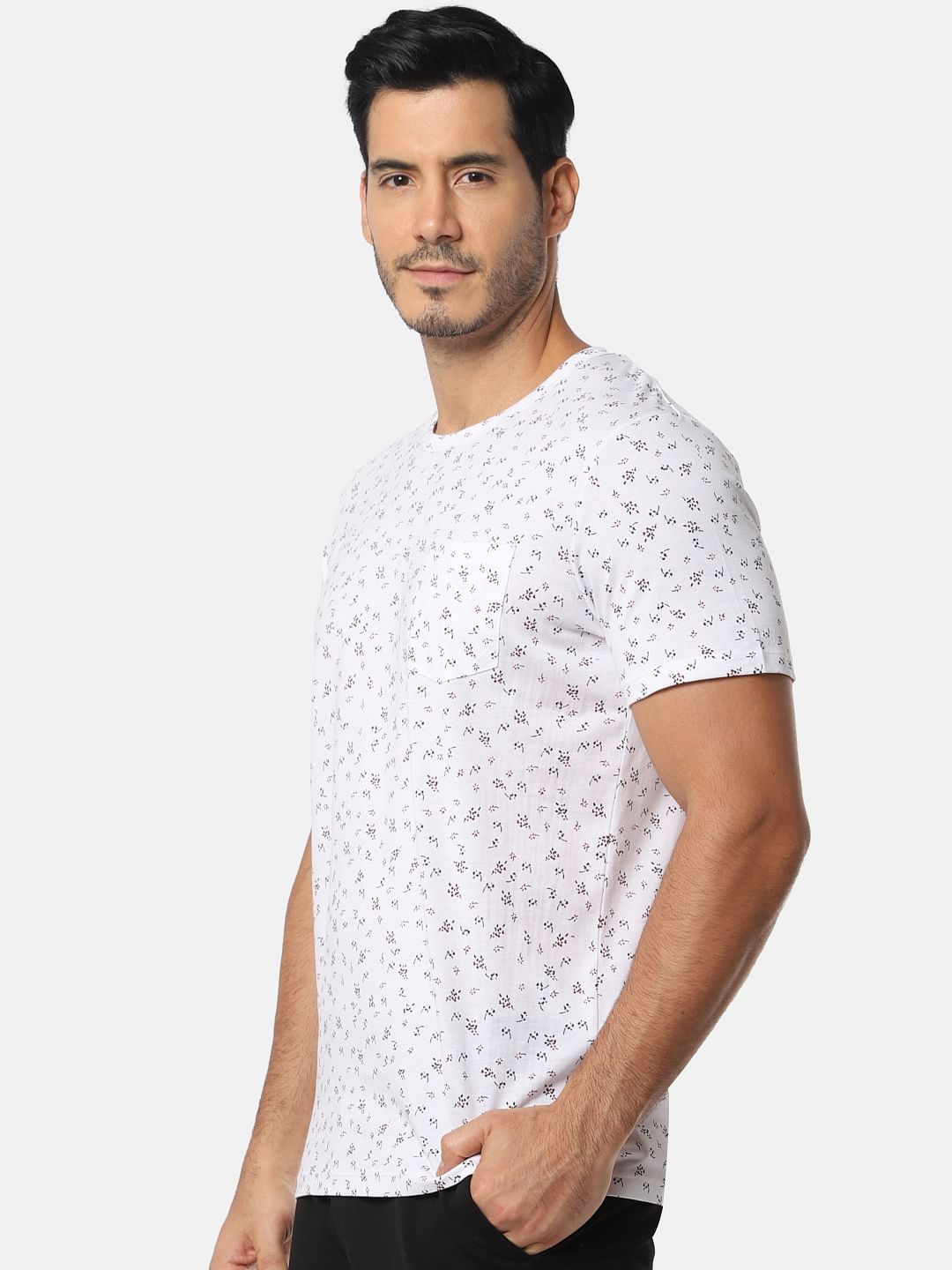 White All Over Print Slim Fit Crew Neck T-Shirt