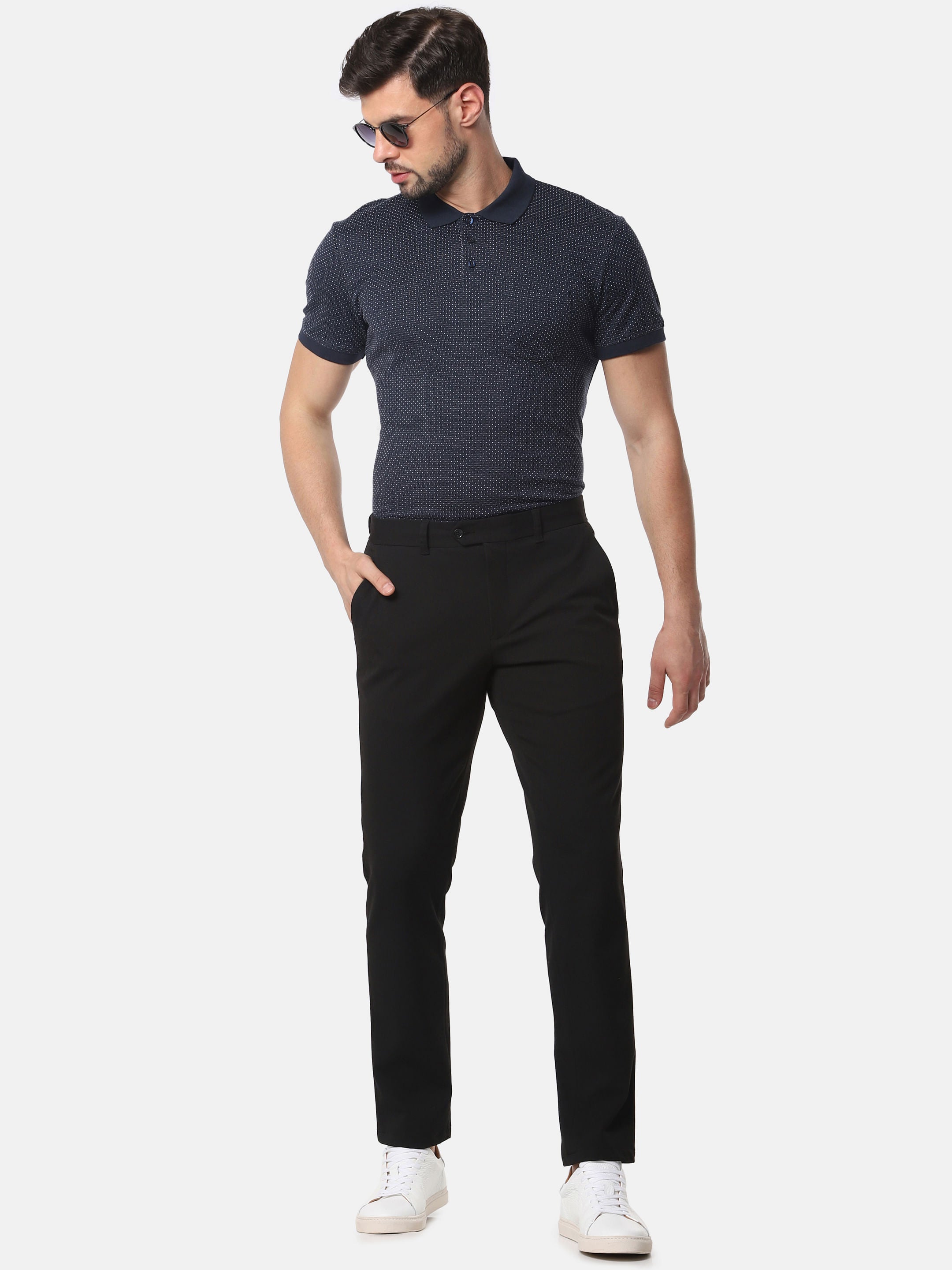 Navy Blue Self Design Polo T-Shirt