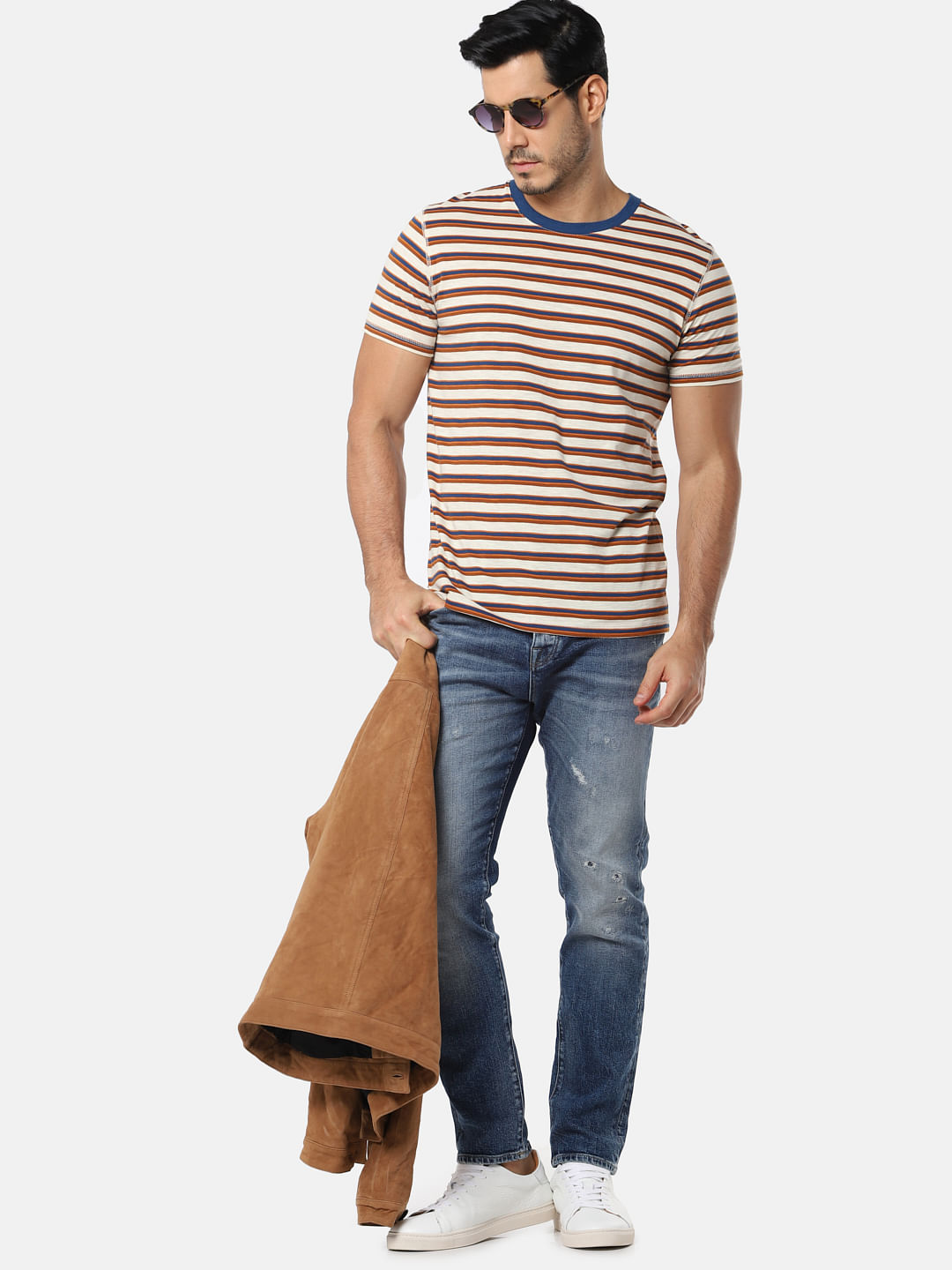 Cream Striped Slim Fit Crew Neck T-Shirt