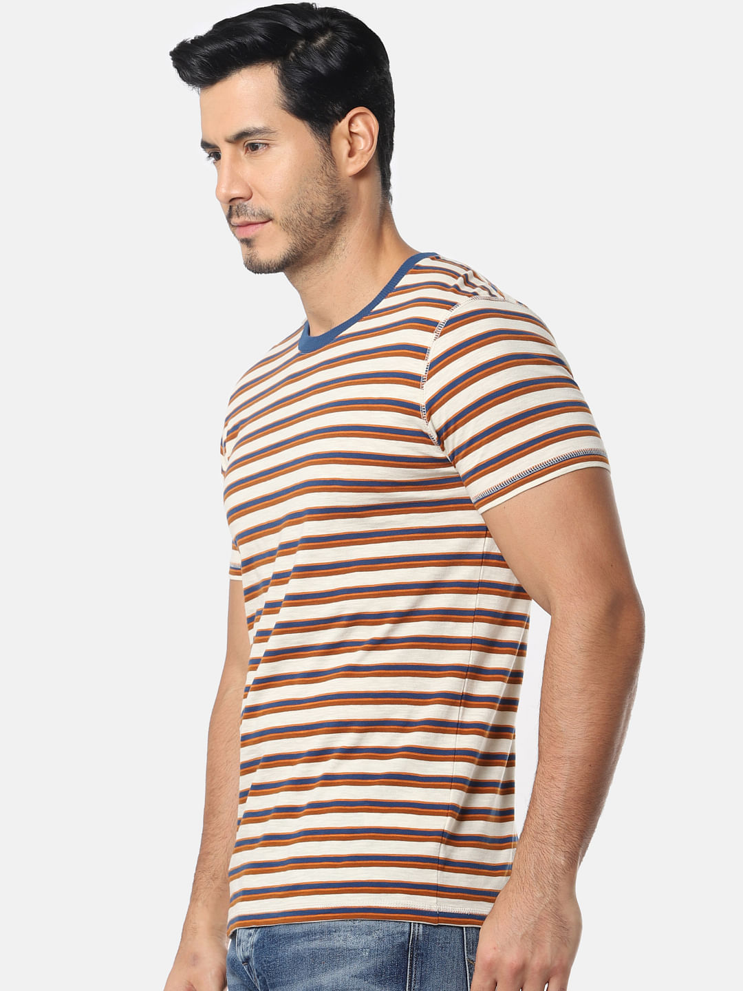 Cream Striped Slim Fit Crew Neck T-Shirt